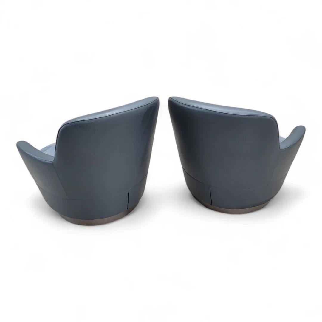 20th Century Vintage Modern Minotti Swivel Lounge Chairs In Aqua Blu Leather, Pair For Sale