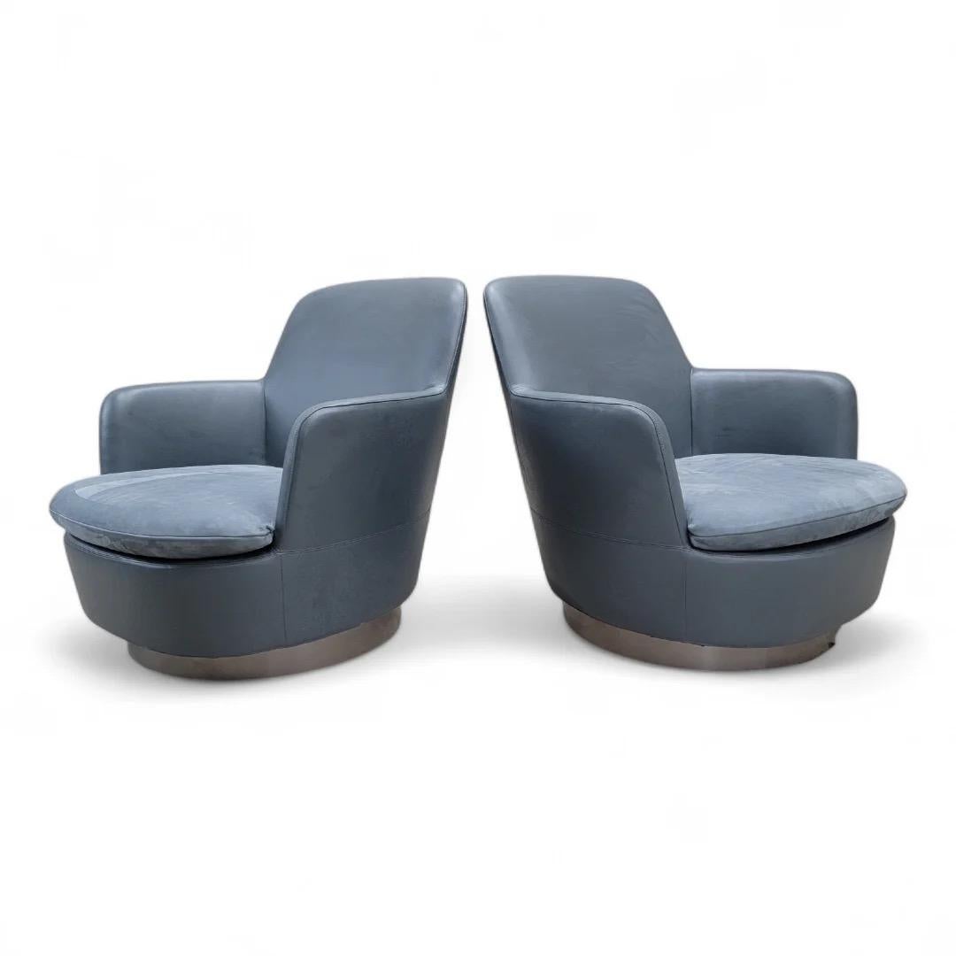 Post-Modern Vintage Modern Minotti Swivel Lounge Chairs In Aqua Blu Leather, Pair For Sale
