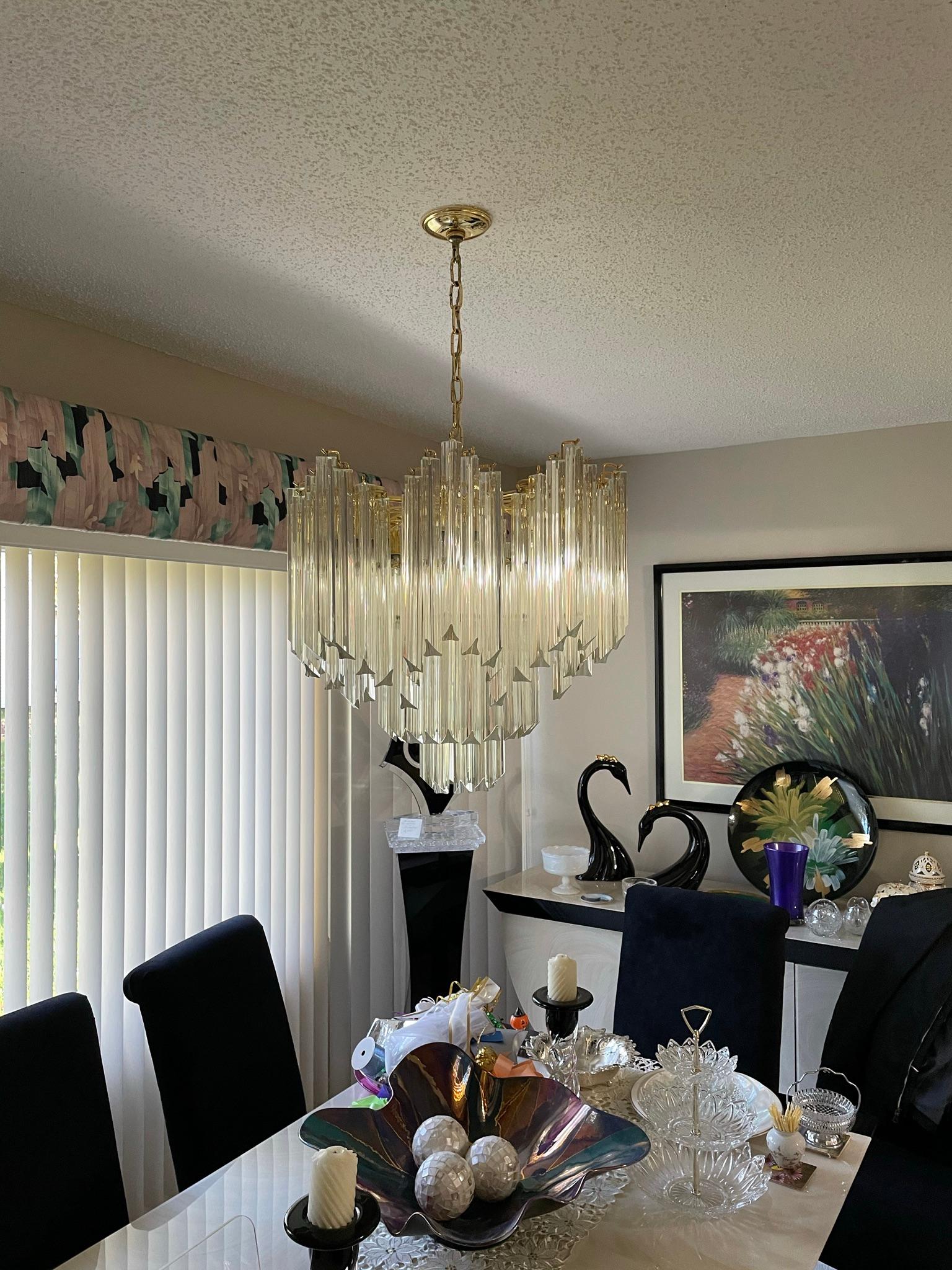 Beautiful Prism Chandelier with triangular Murano Glass Crystals. 3 Layer design with outer layer in a wave pattern. 3 extra crystal prisms.