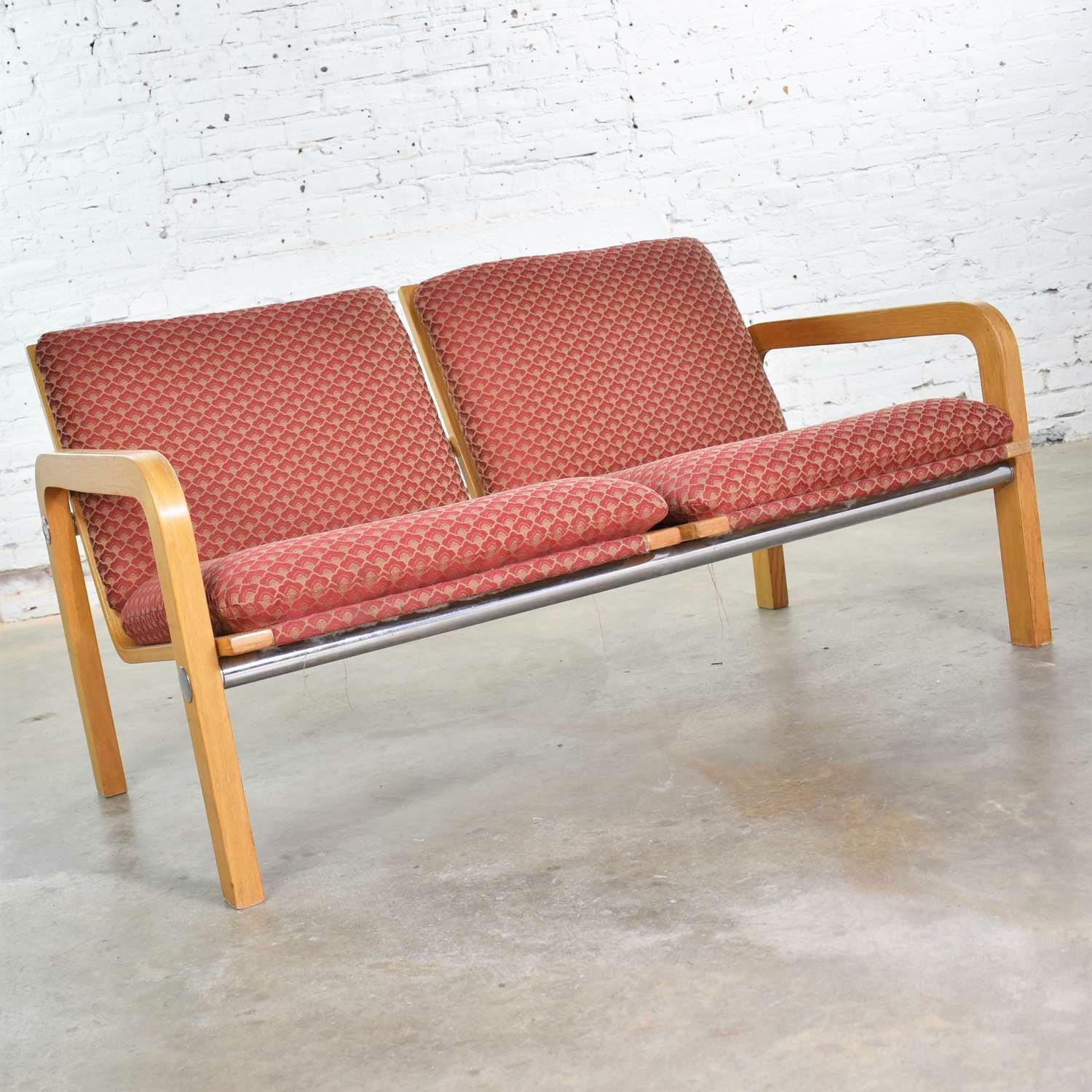 Modernes zweisitziges Vintage-Sessel oder Bank aus Eichenholz, Bugholz und Chrom, Thonet, Vintage  (Stoff) im Angebot