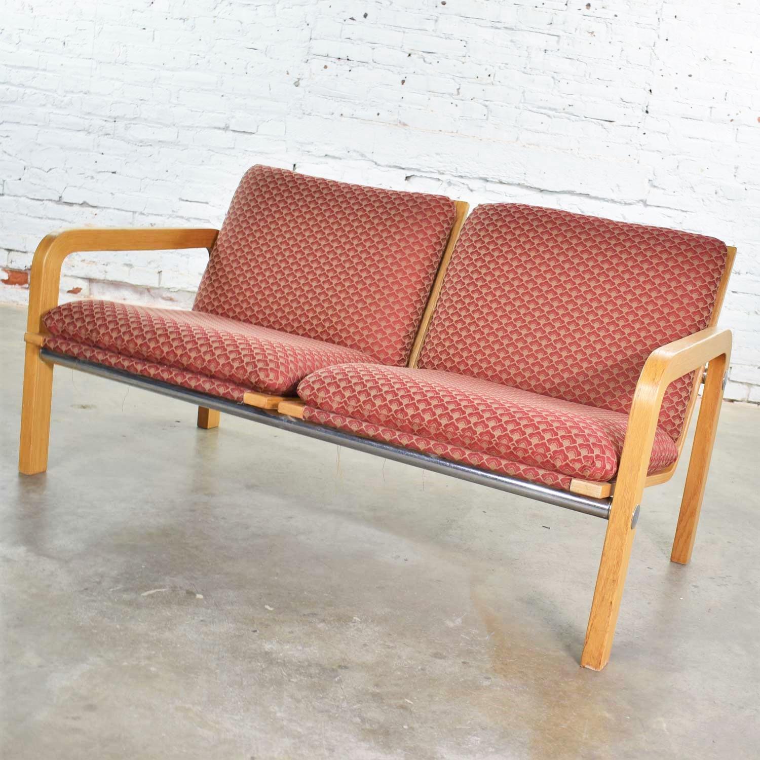 20th Century Vintage Modern Oak Bentwood & Chrome Two-Seat Settee or Bench Attr to Thonet  For Sale
