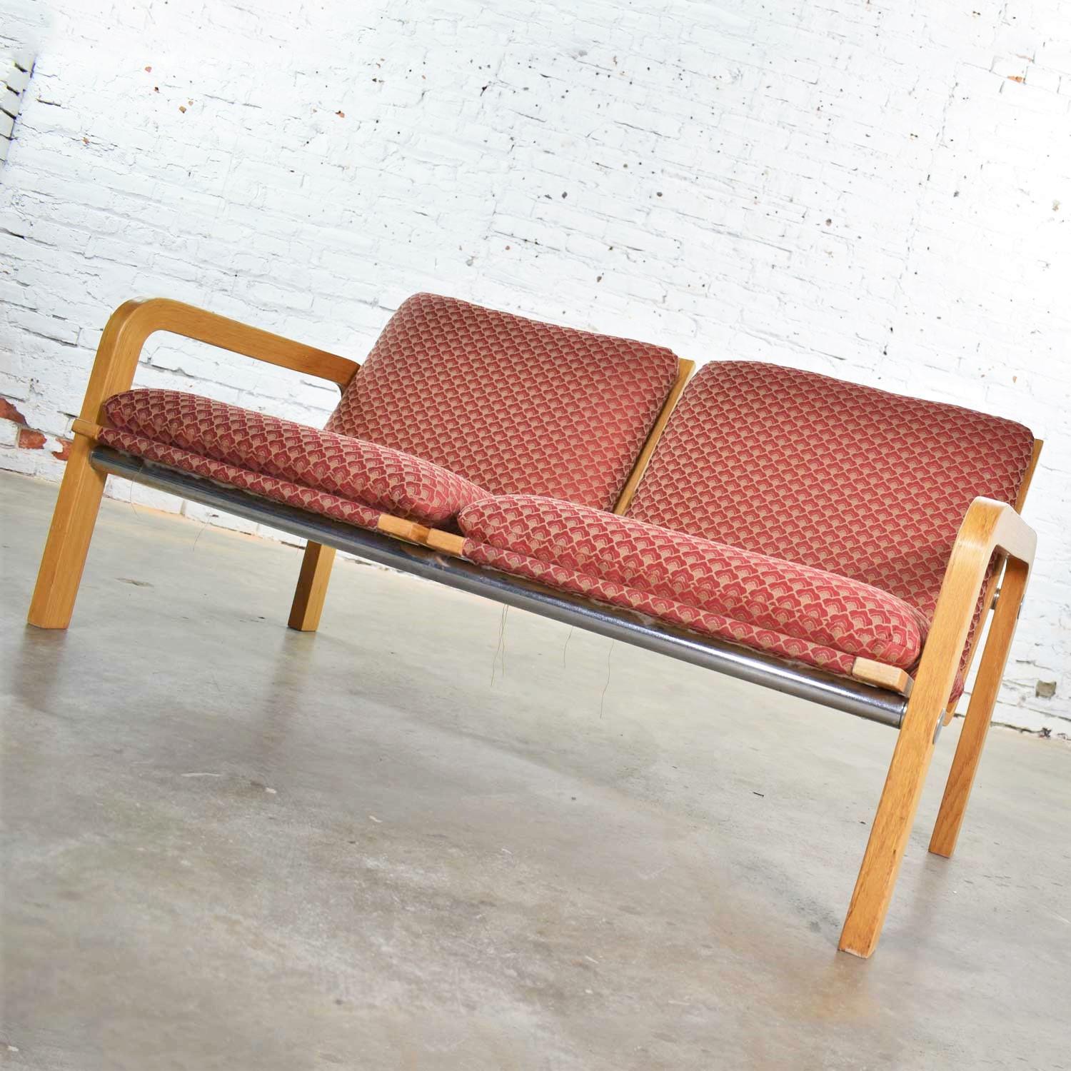 Fabric Vintage Modern Oak Bentwood & Chrome Two-Seat Settee or Bench Attr to Thonet  For Sale
