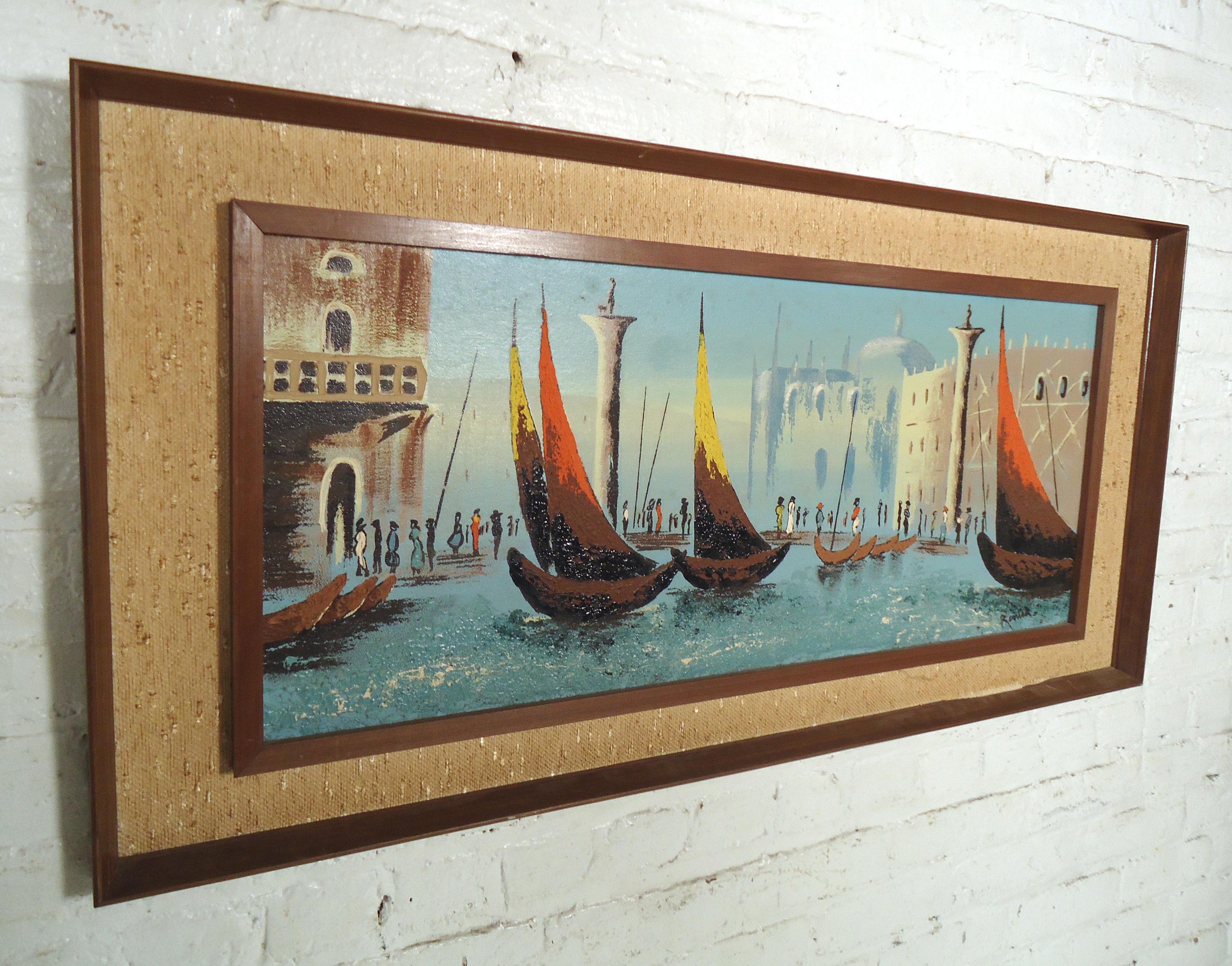 Mid-Century Modern Vintage Modern Oil Painting of Boats