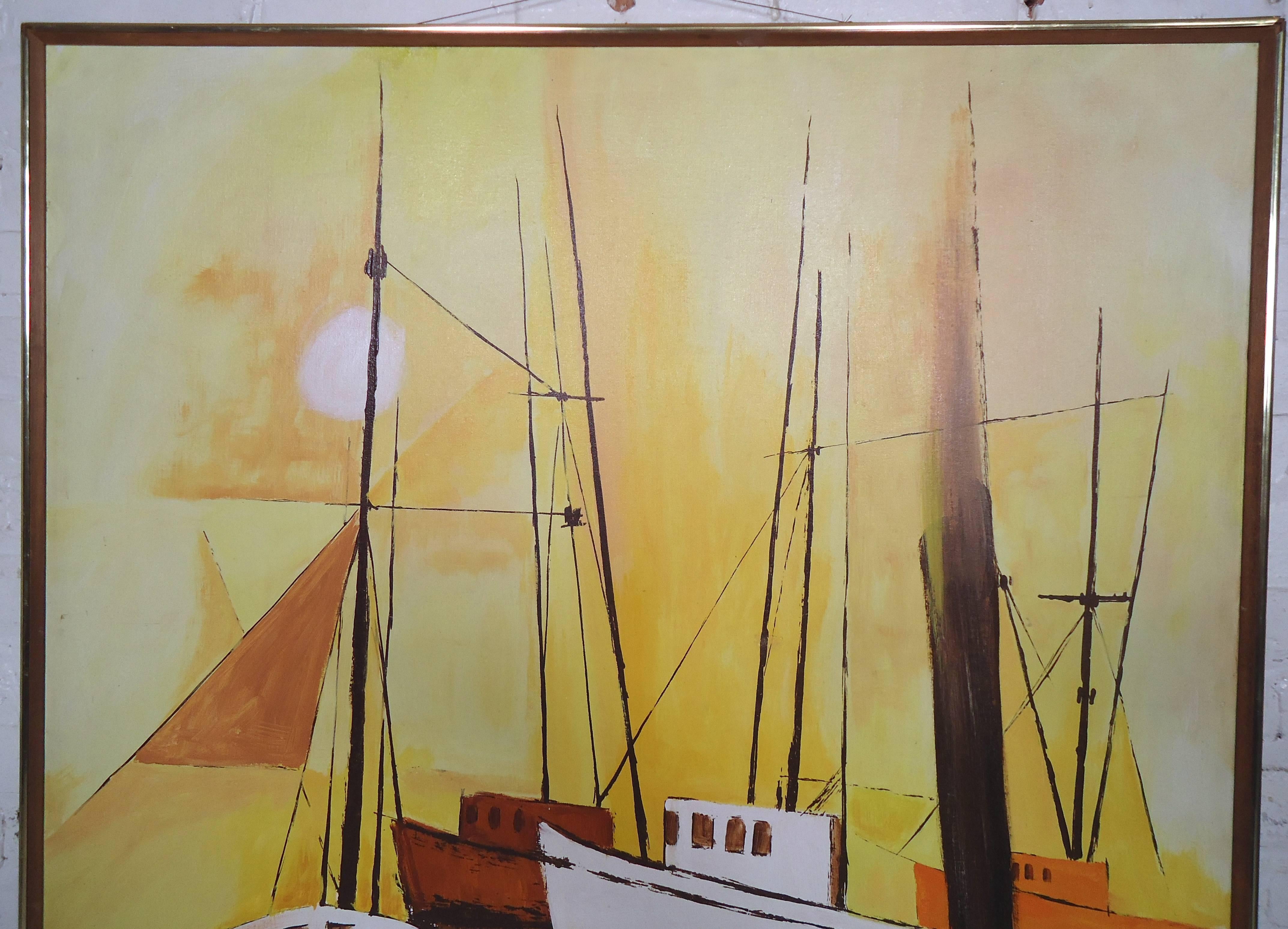 Vintage Modern Oil Painting of Boats In Good Condition In Brooklyn, NY