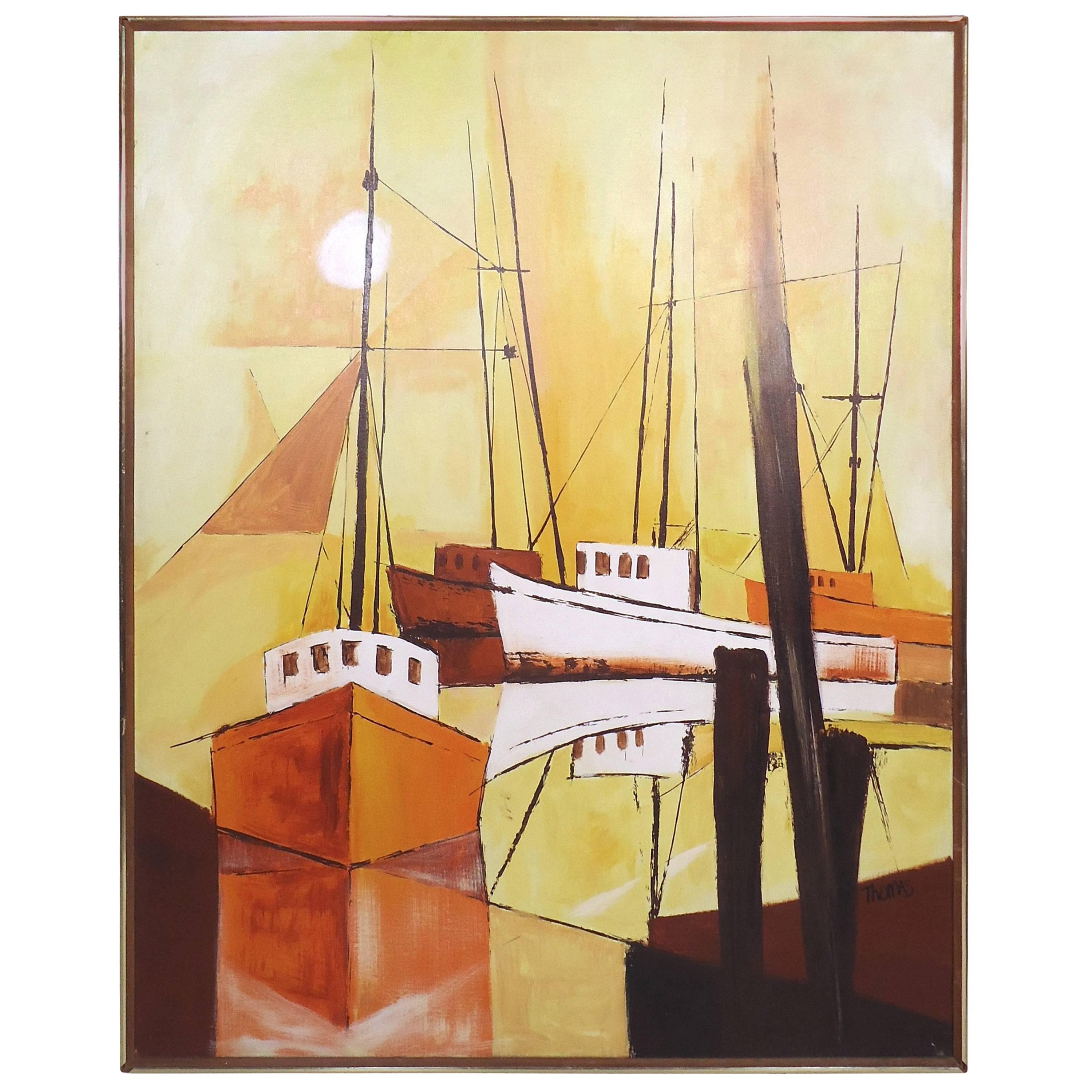 Vintage Modern Oil Painting of Boats