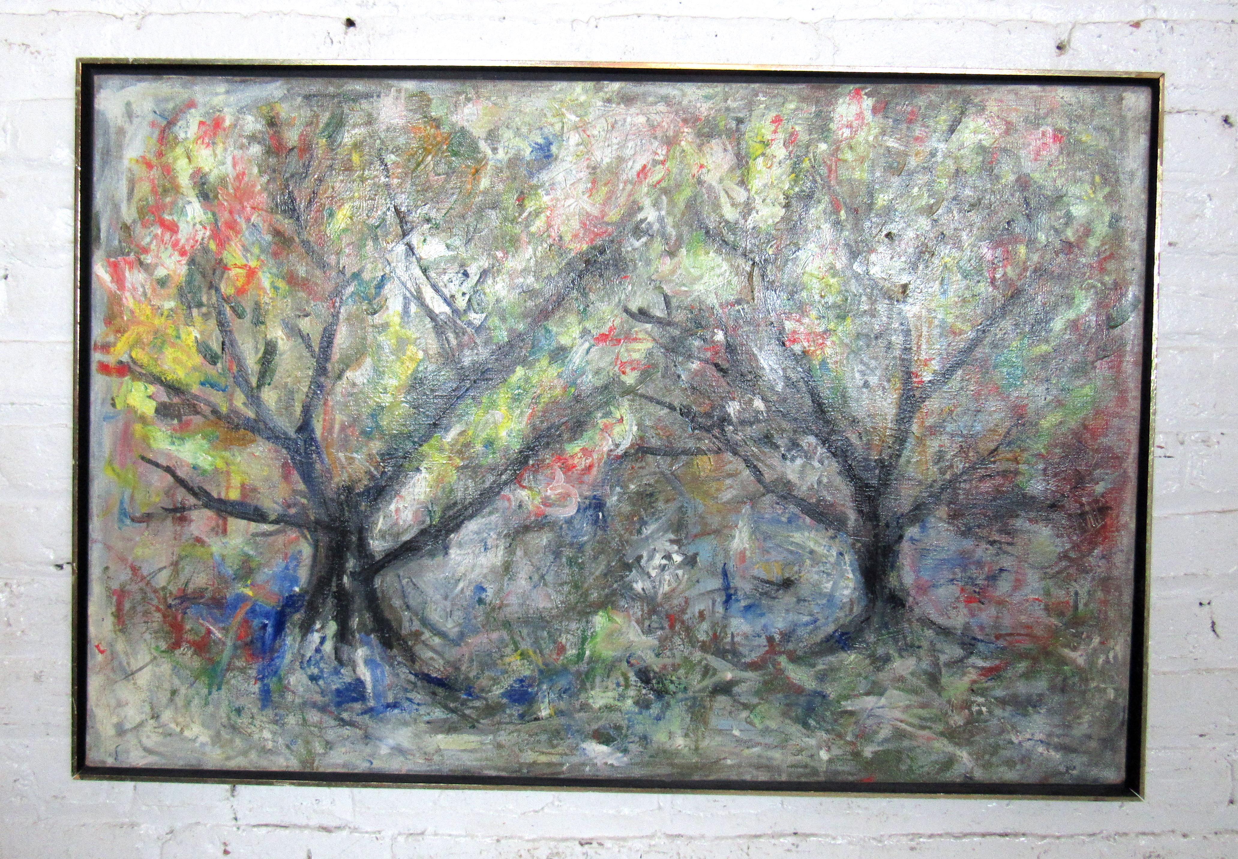 Peinture à l'huile moderne du milieu du siècle représentant des arbres, signée par l'artiste Wegener.

Veuillez confirmer la localisation de l'article (NY ou NJ).