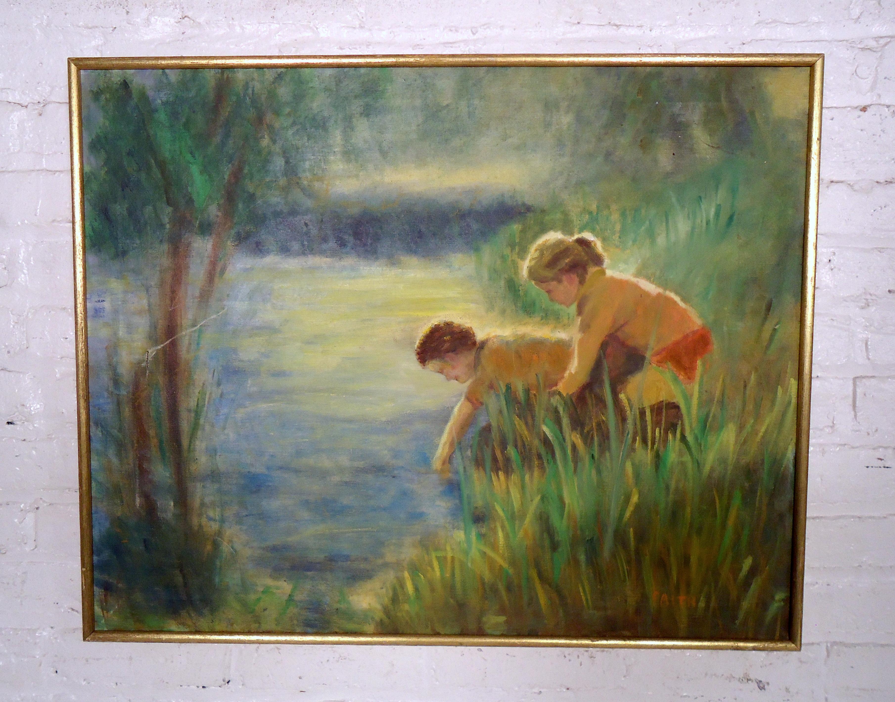 Mid-Century Modern painting of a boy and girl. This framed painting is signed by the artist.
(Please confirm item location - NY or NJ - with dealer).