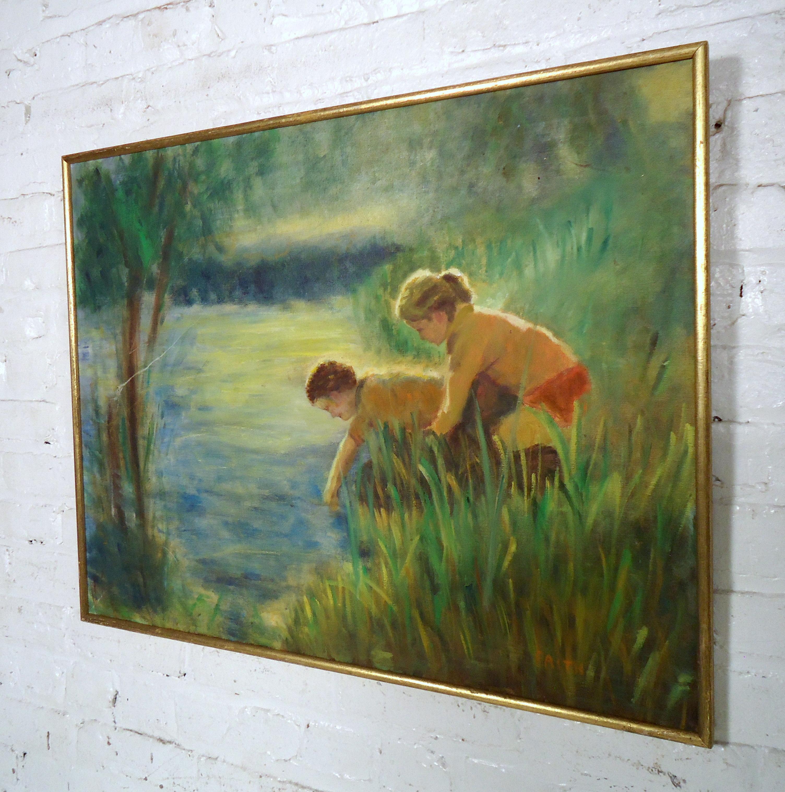 Mid-Century Modern Vintage Modern Painting of Boy and Girl