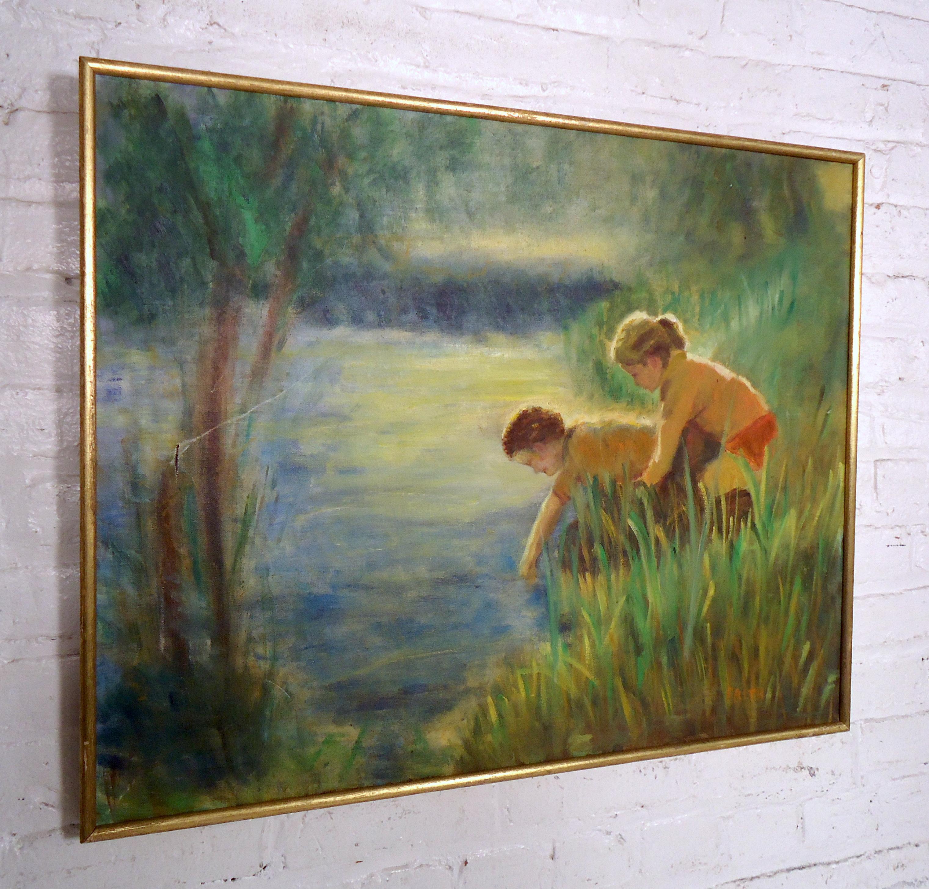 Mid-20th Century Vintage Modern Painting of Boy and Girl