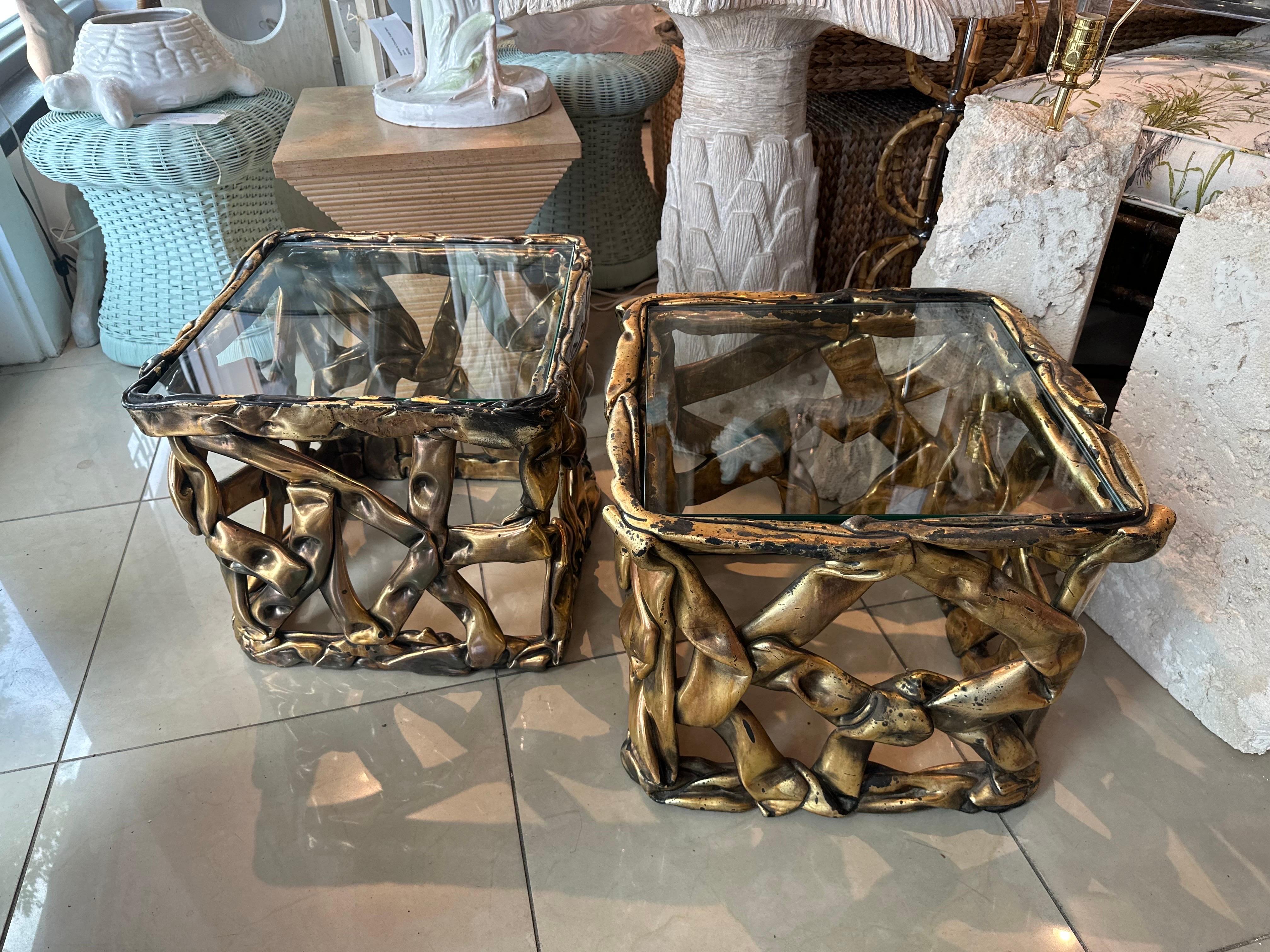 Vintage Modern Pareja Mesas Acrílicas Doradas 1970 Stanley Ribbon Side End Drink Tables 4