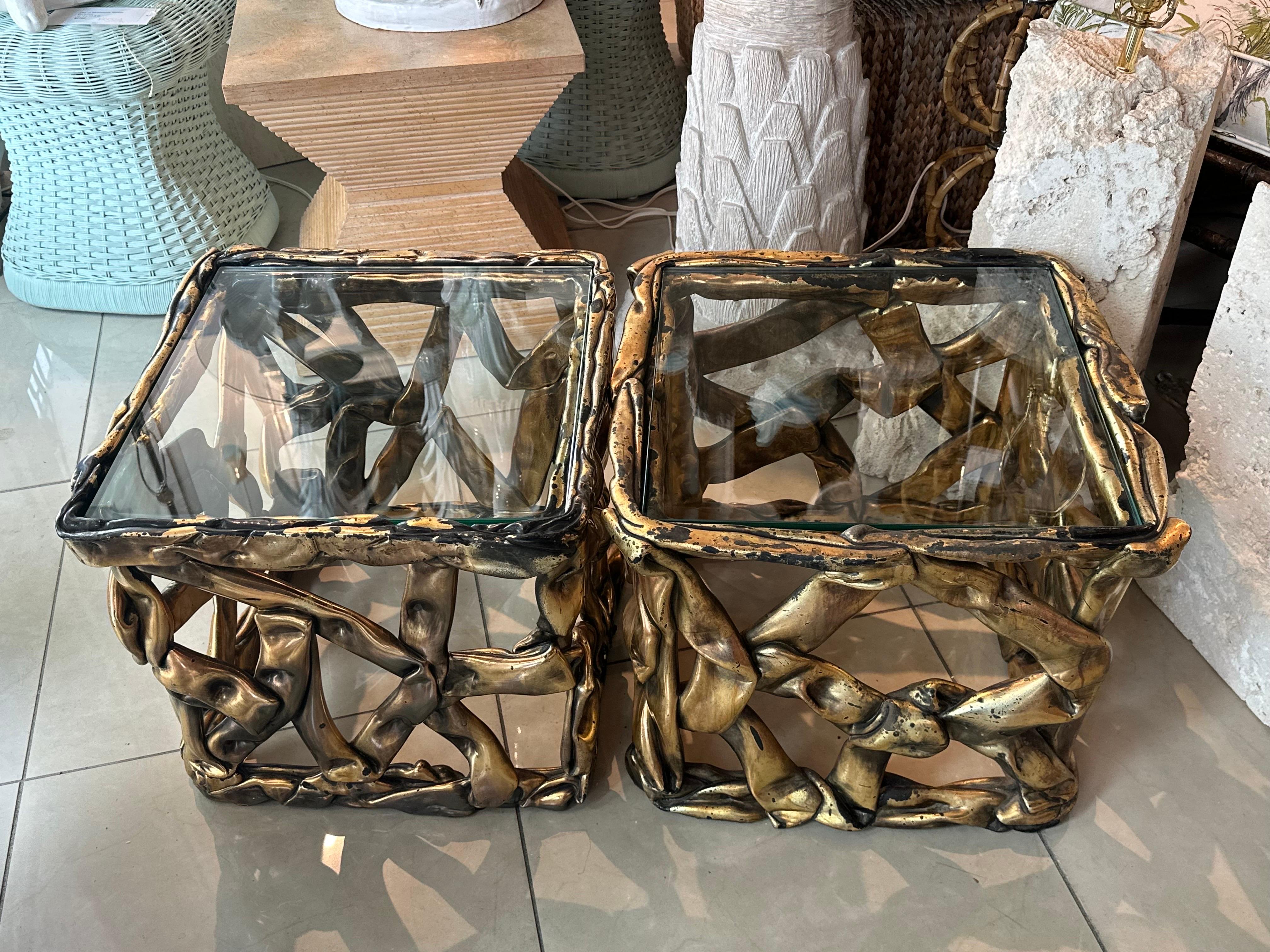 Vintage Modern Pareja Mesas Acrílicas Doradas 1970 Stanley Ribbon Side End Drink Tables 6