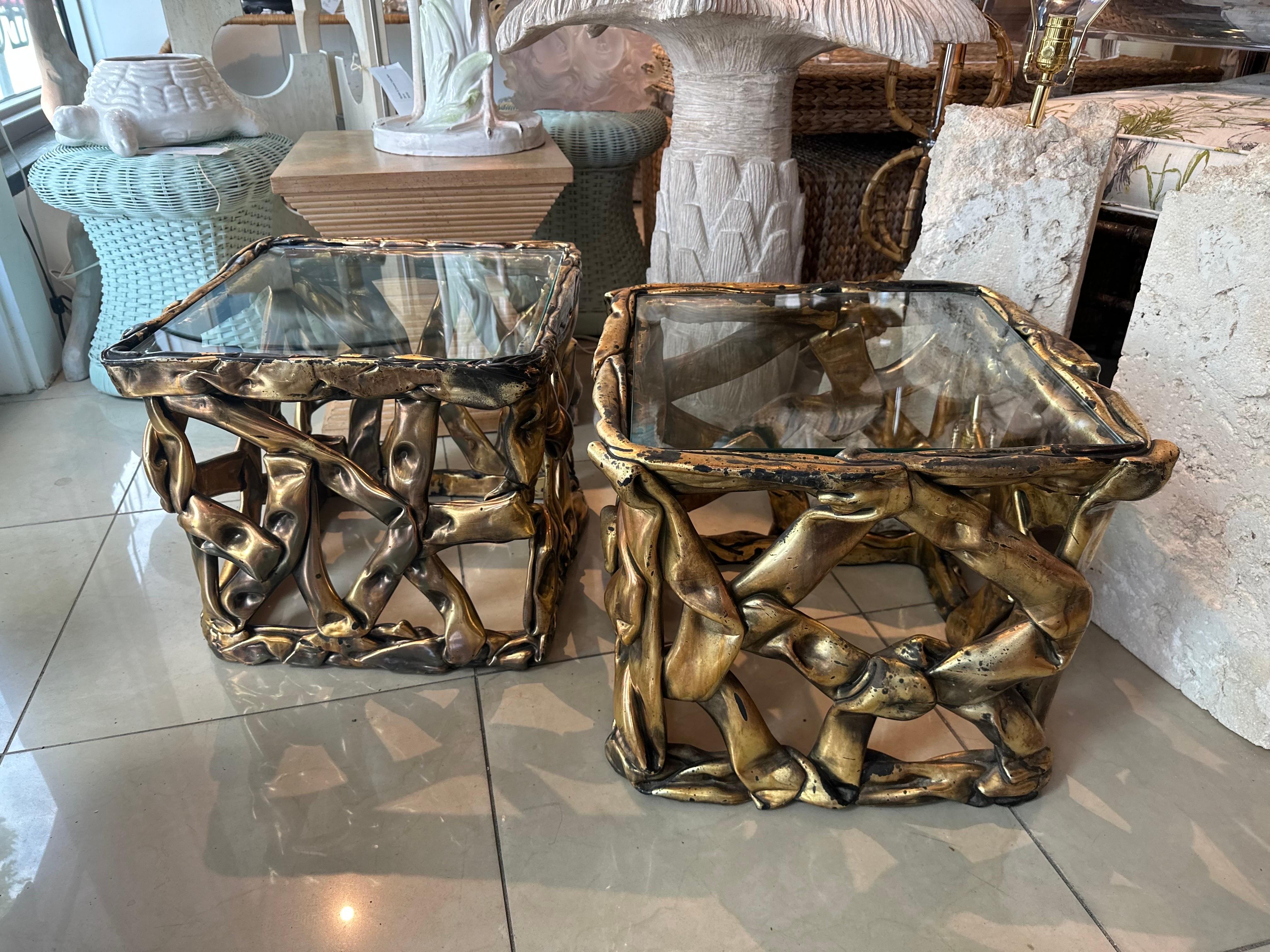 Vintage Modern Pareja Mesas Acrílicas Doradas 1970 Stanley Ribbon Side End Drink Tables 8