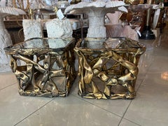 Vintage Modern Pair Gold 1970s Acrylic Stanley Ribbon Side End Drink Tables