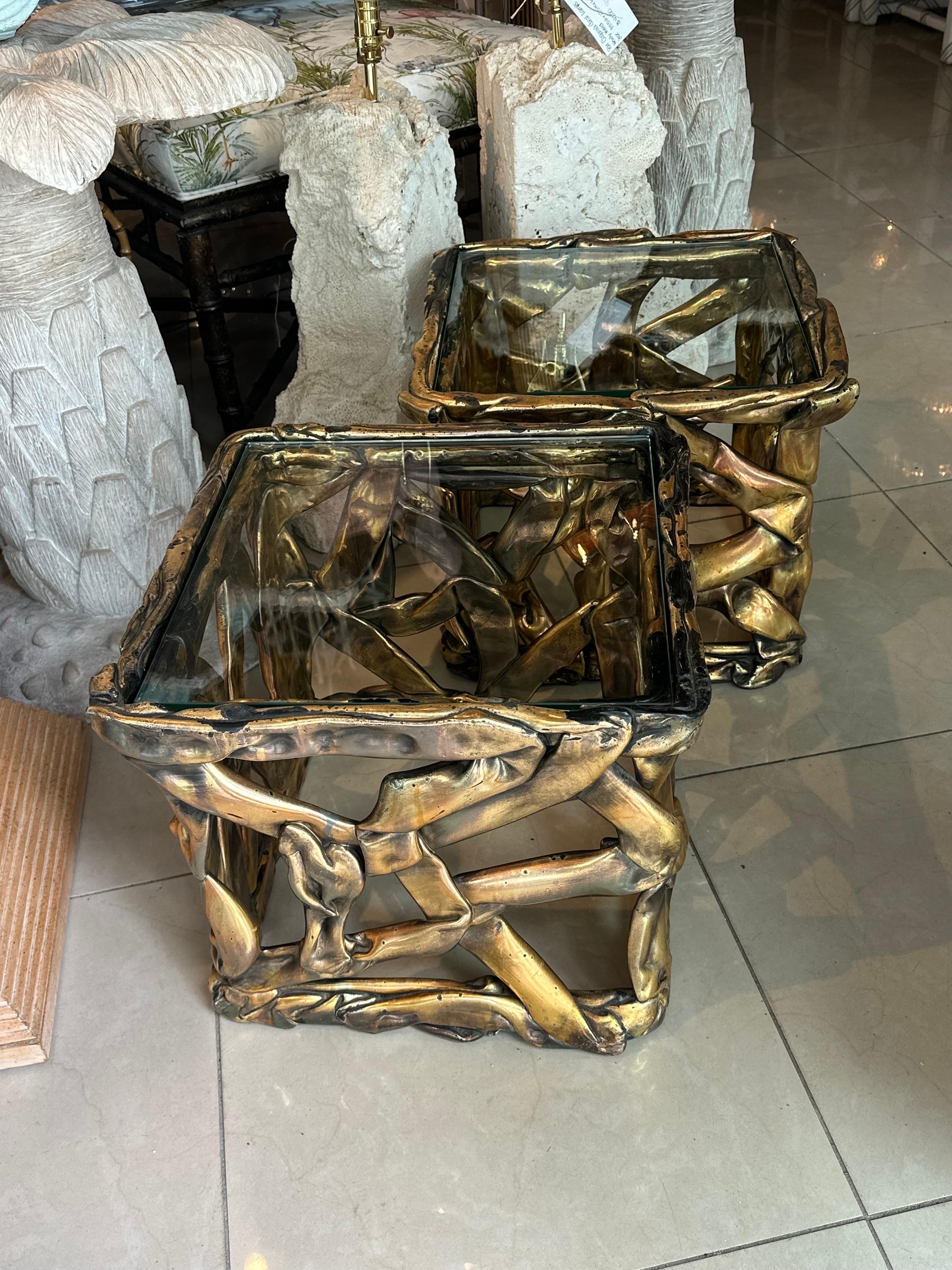 Vintage Modern Pareja Mesas Acrílicas Doradas 1970 Stanley Ribbon Side End Drink Tables Estadounidense