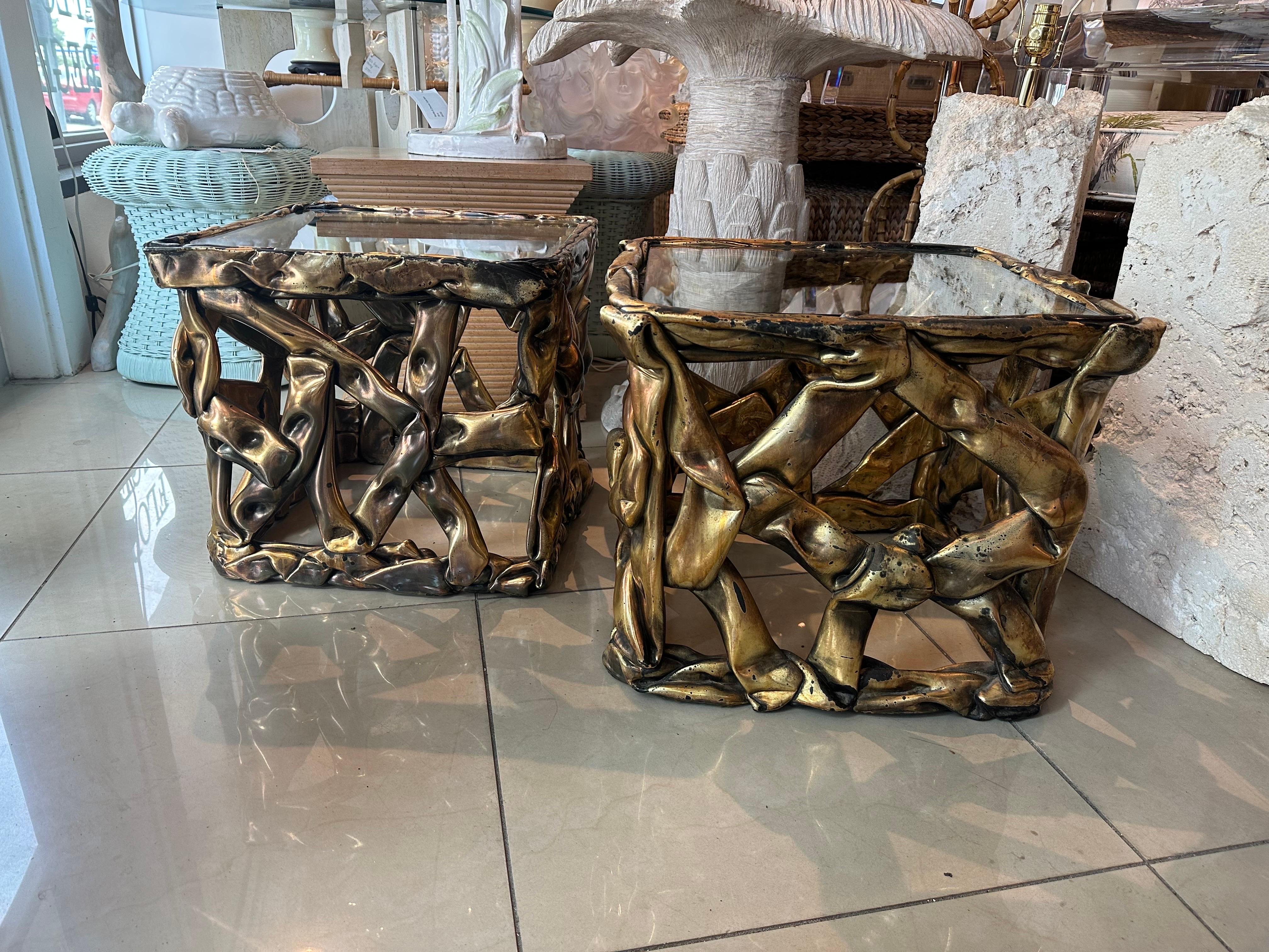 Vintage Modern Pareja Mesas Acrílicas Doradas 1970 Stanley Ribbon Side End Drink Tables 1