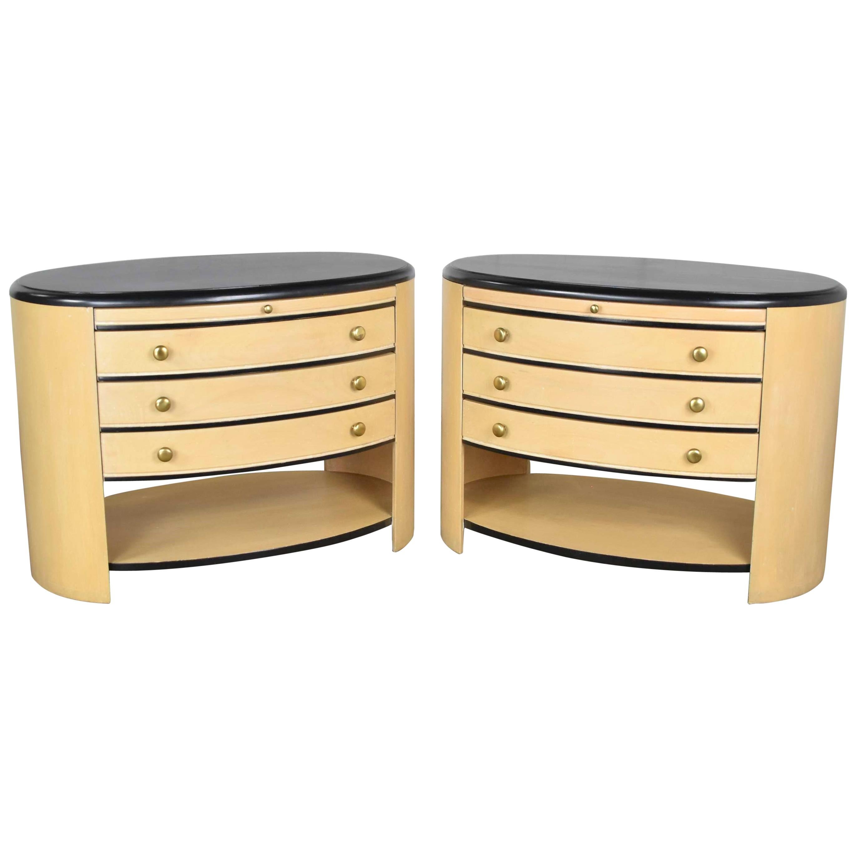 Vintage Modern Pair of Oval Blonde and Black Nightstands or Bedside