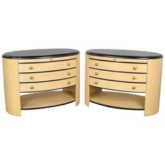 Retro Modern Pair of Oval Blonde and Black Nightstands or Bedside Cabinets