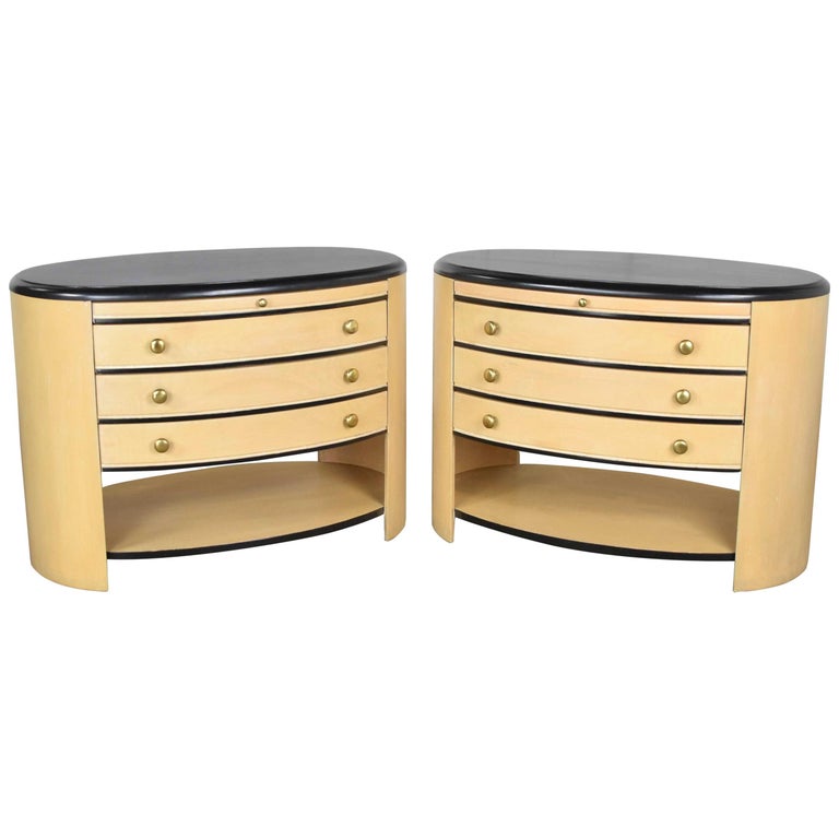 Vintage Modern Pair Of Oval Blonde And Black Nightstands Or Bedside Cabinets For Sale At 1stdibs