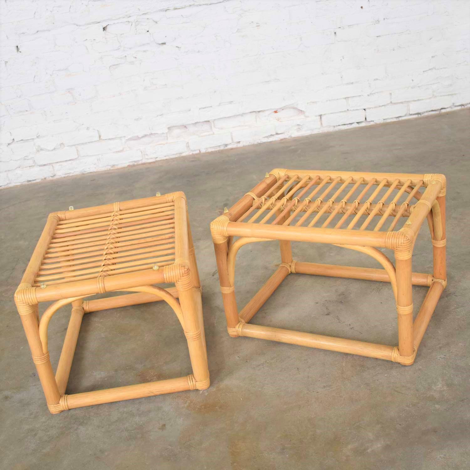 Vintage Modern Pair of Rattan Rectangular Side Tables or End Tables w/ Glass Top For Sale 3