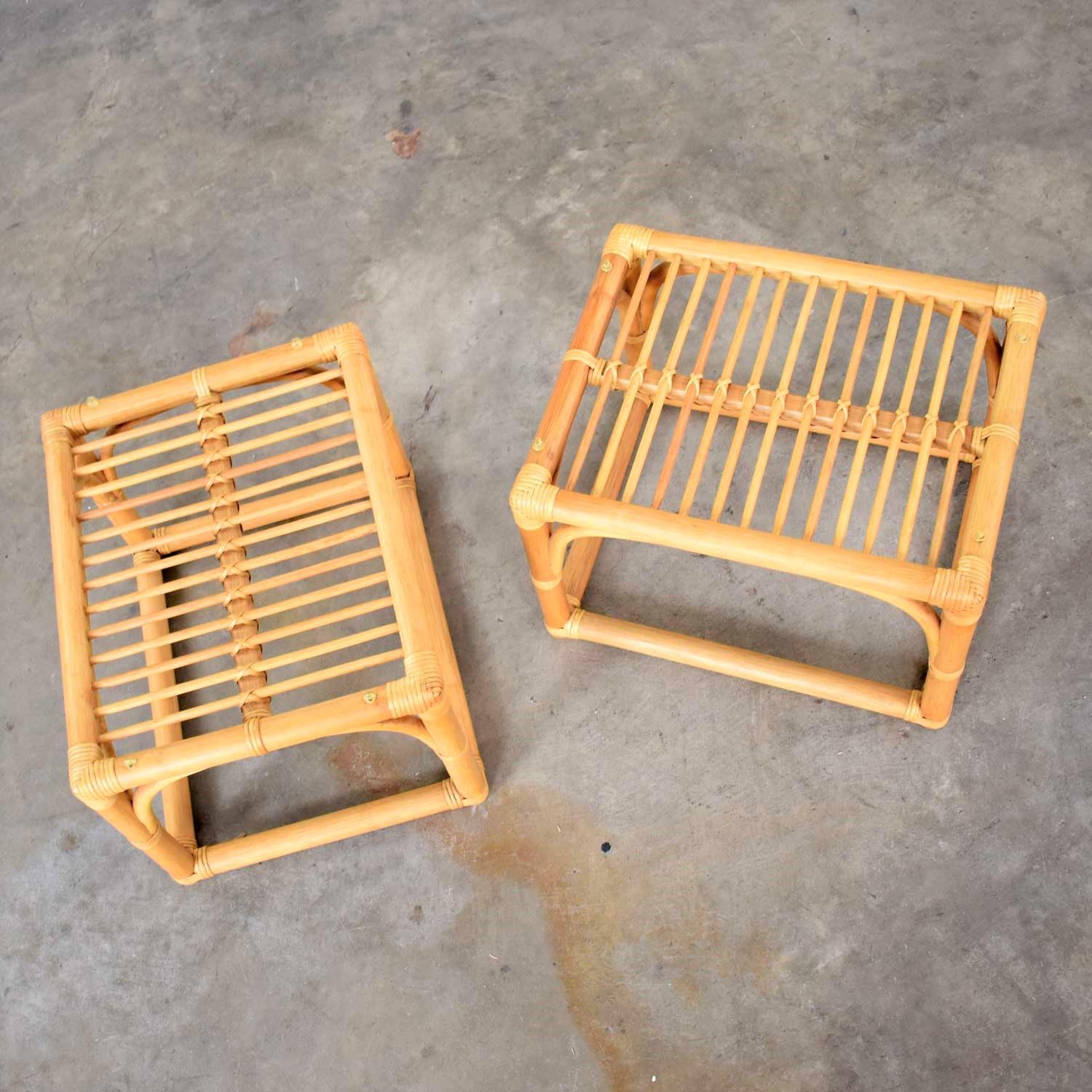 Vintage Modern Pair of Rattan Rectangular Side Tables or End Tables w/ Glass Top For Sale 4