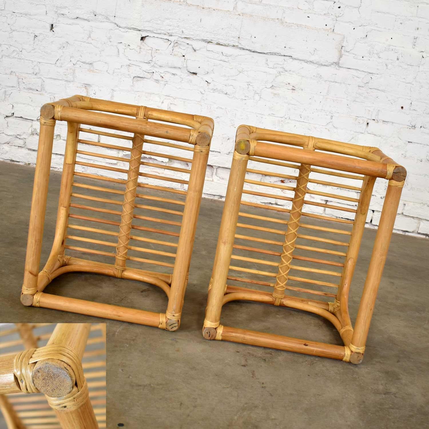 Vintage Modern Pair of Rattan Rectangular Side Tables or End Tables w/ Glass Top For Sale 5