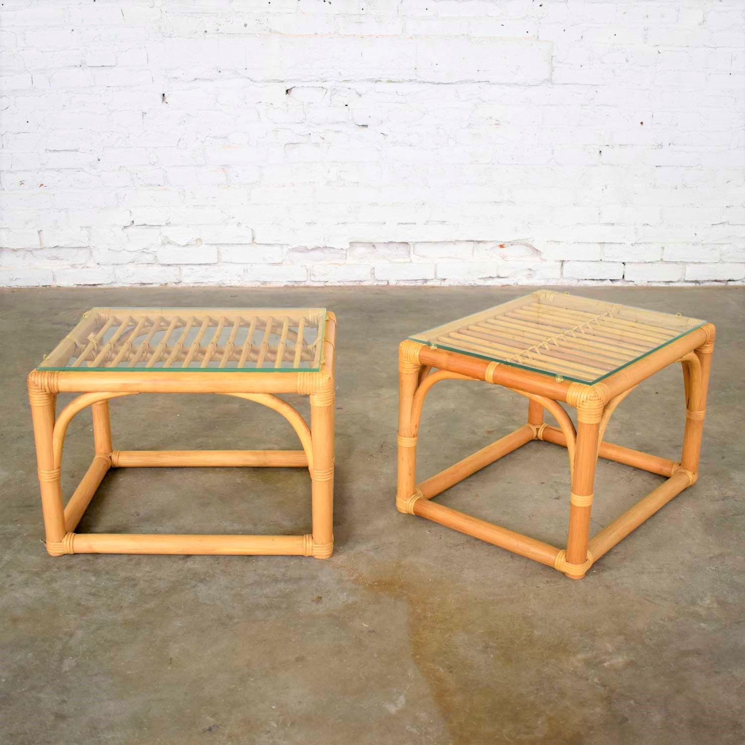Organic Modern Vintage Modern Pair of Rattan Rectangular Side Tables or End Tables w/ Glass Top For Sale