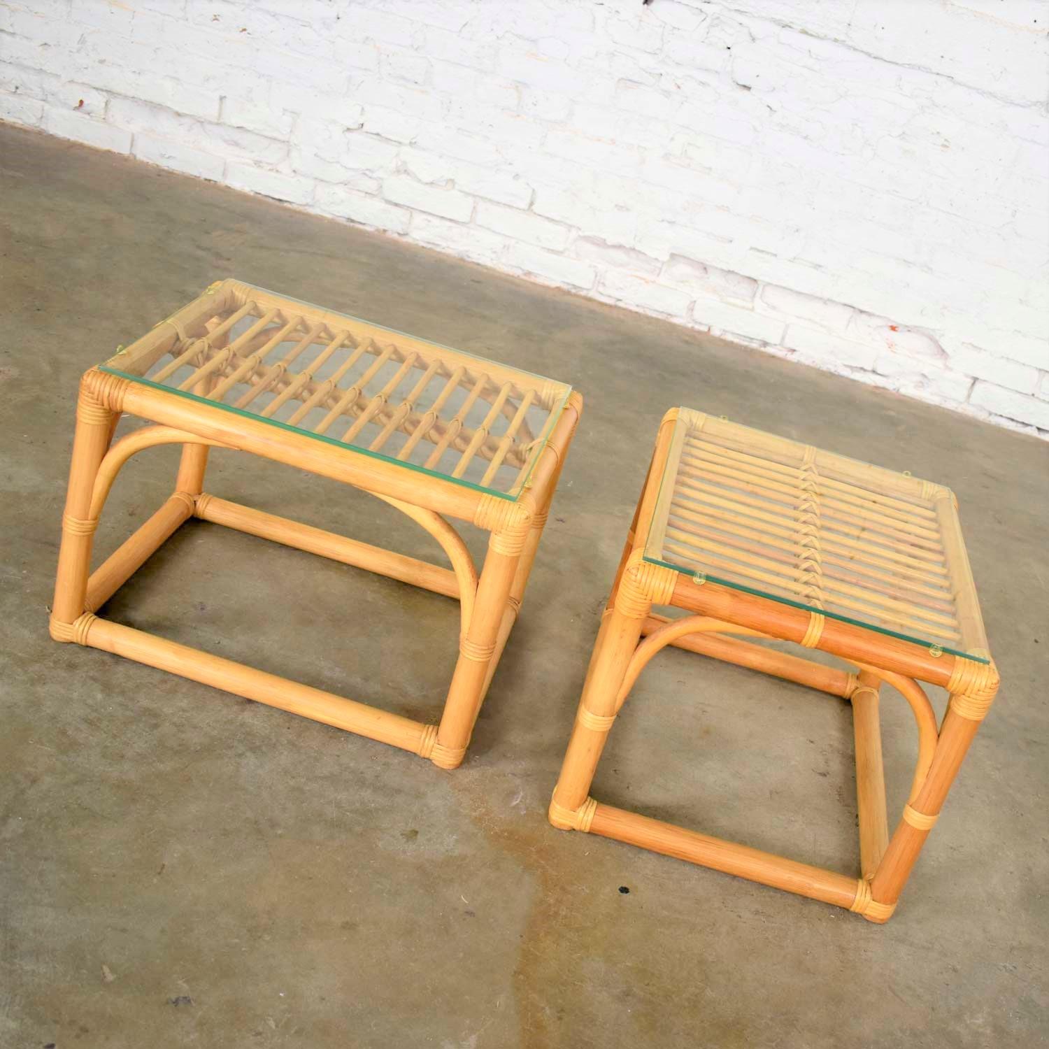 Unknown Vintage Modern Pair of Rattan Rectangular Side Tables or End Tables w/ Glass Top For Sale