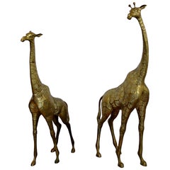 Vintage Modern Pair of Solid Bronze Giraffe Floor Sculptures