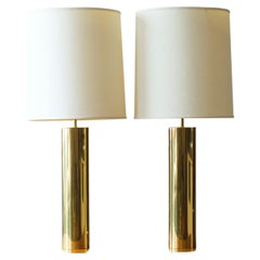 Vintage Modern Pair of Tall Brass Cylinder Lamps by George Kovacs