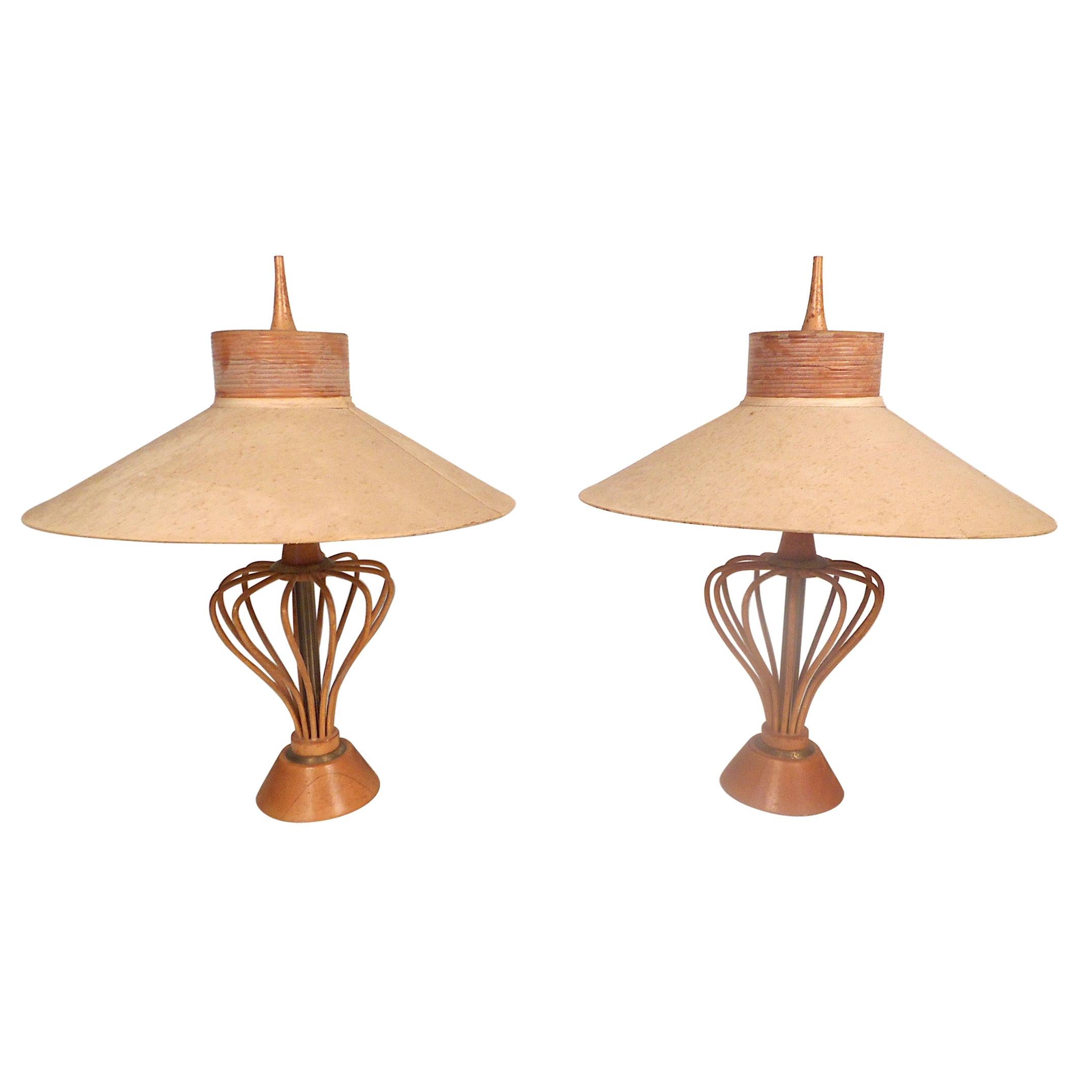 Vintage Modern Pair of Wood-Rod Lamps