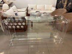 Vintage Modern Peg Lucite Console Table Two Tier New Glass Tops