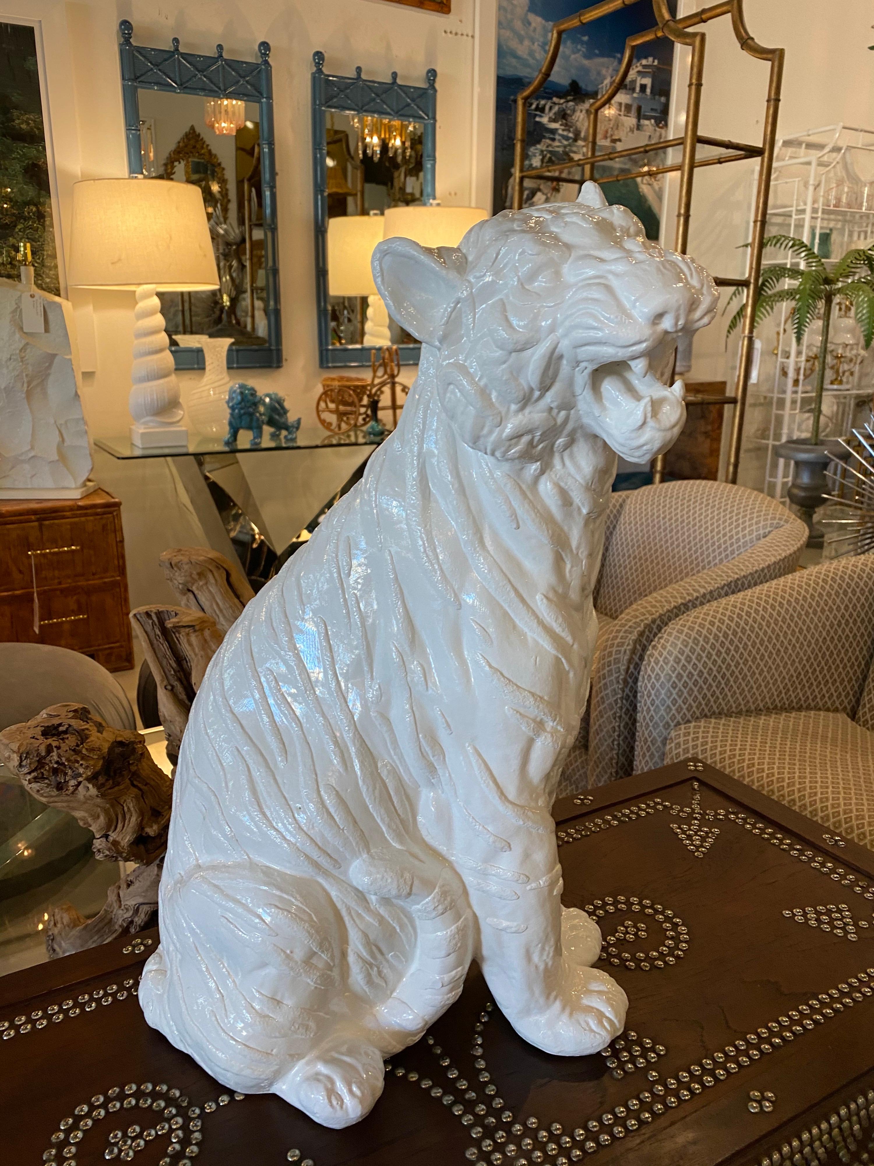 Vintage Modern Plaster White Lacquered Large Sitting Tiger Cat Statue Italian For Sale 2