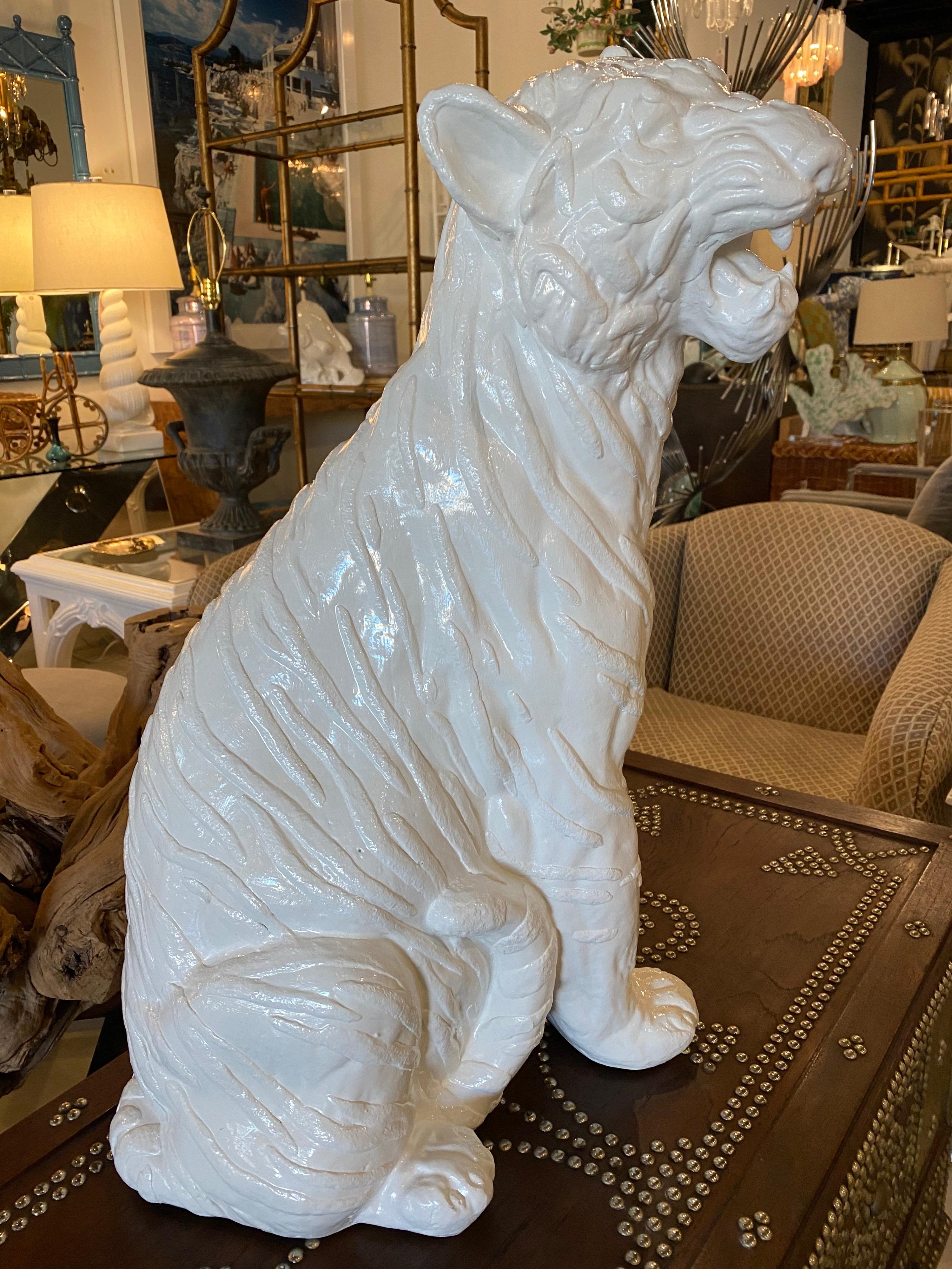 Vintage Modern Plaster White Lacquered Large Sitting Tiger Cat Statue Italian For Sale 3
