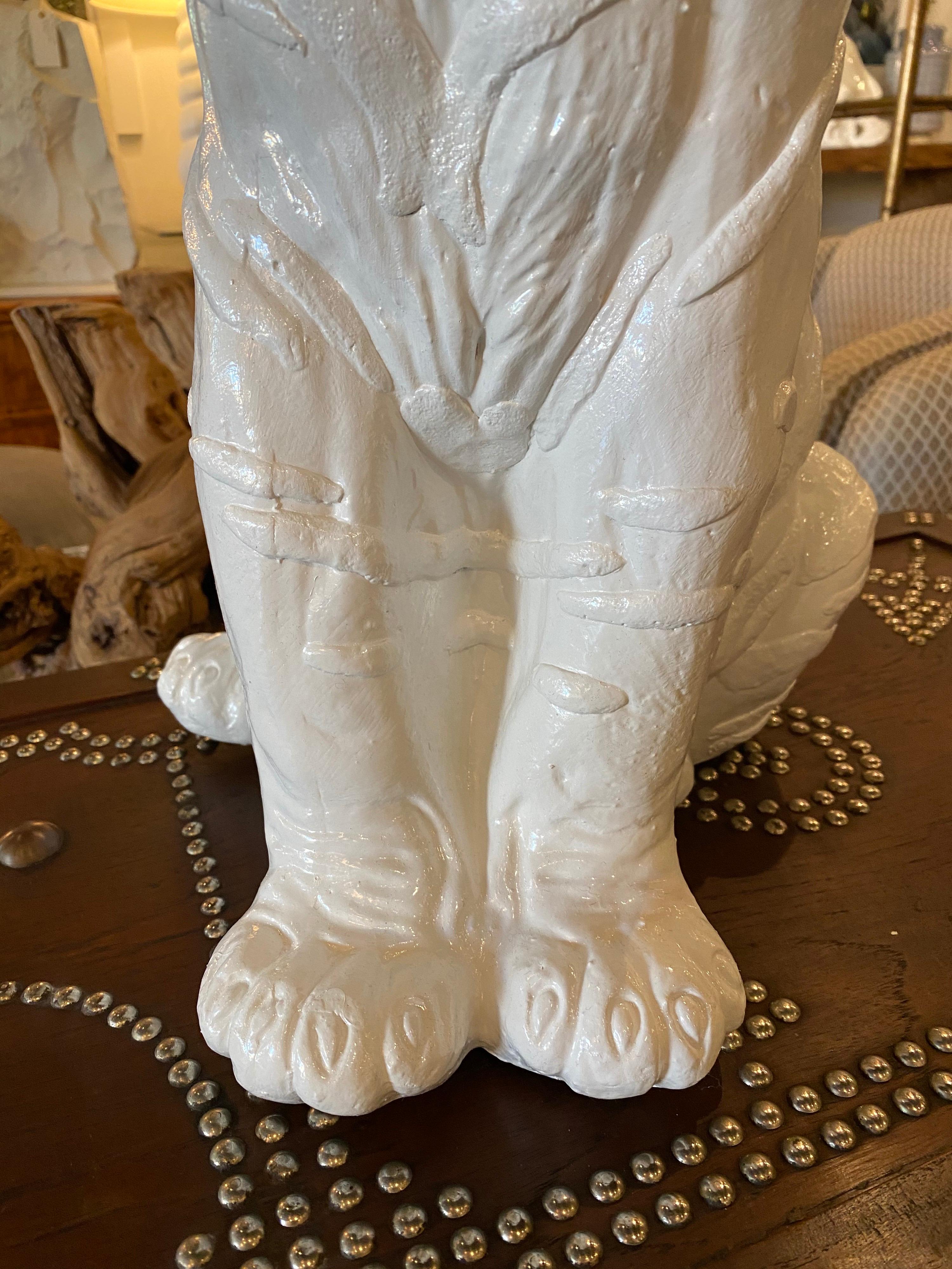 Hollywood Regency Vintage Modern Plaster White Lacquered Large Sitting Tiger Cat Statue Italian For Sale