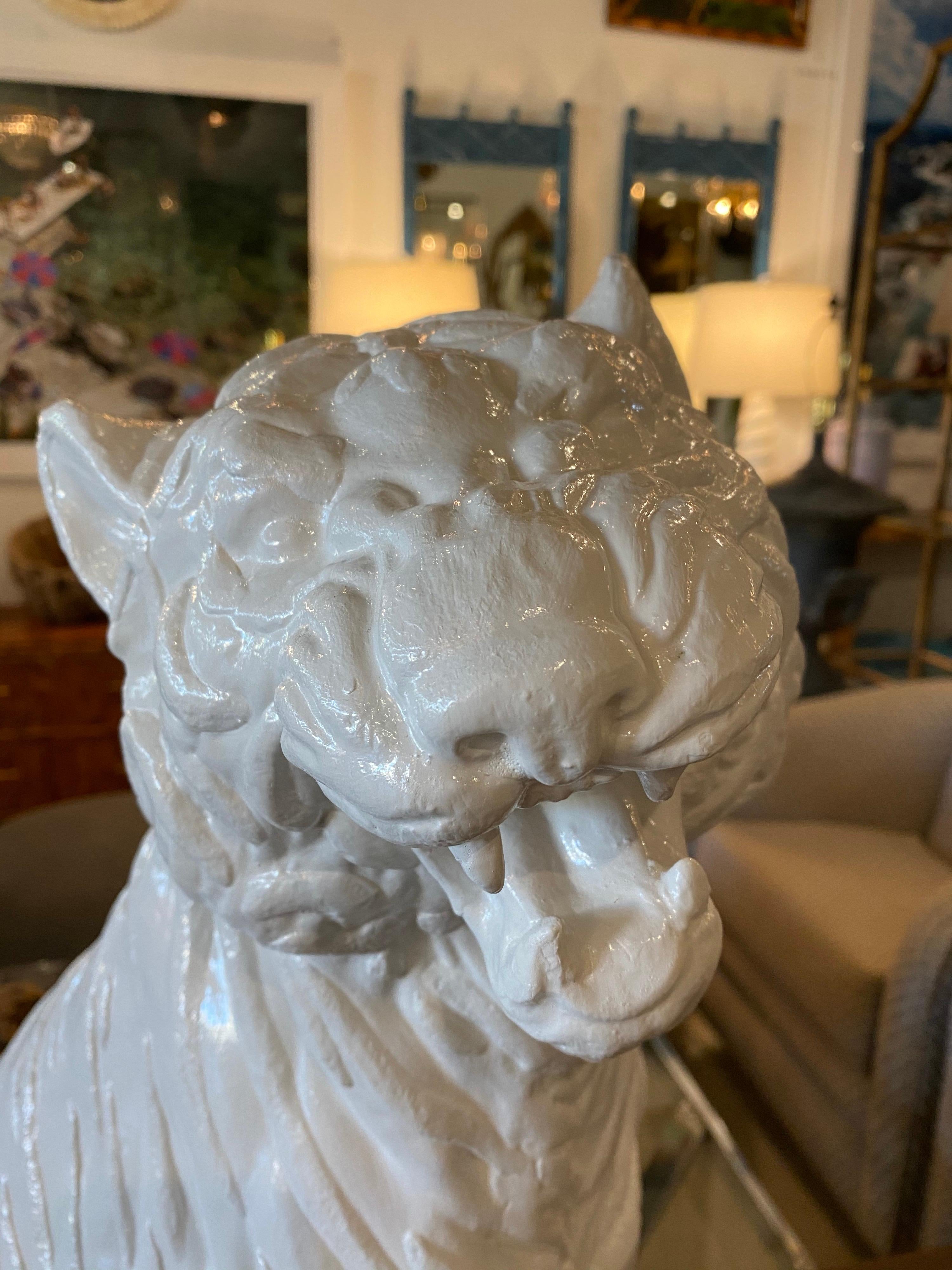 Late 20th Century Vintage Modern Plaster White Lacquered Large Sitting Tiger Cat Statue Italian For Sale