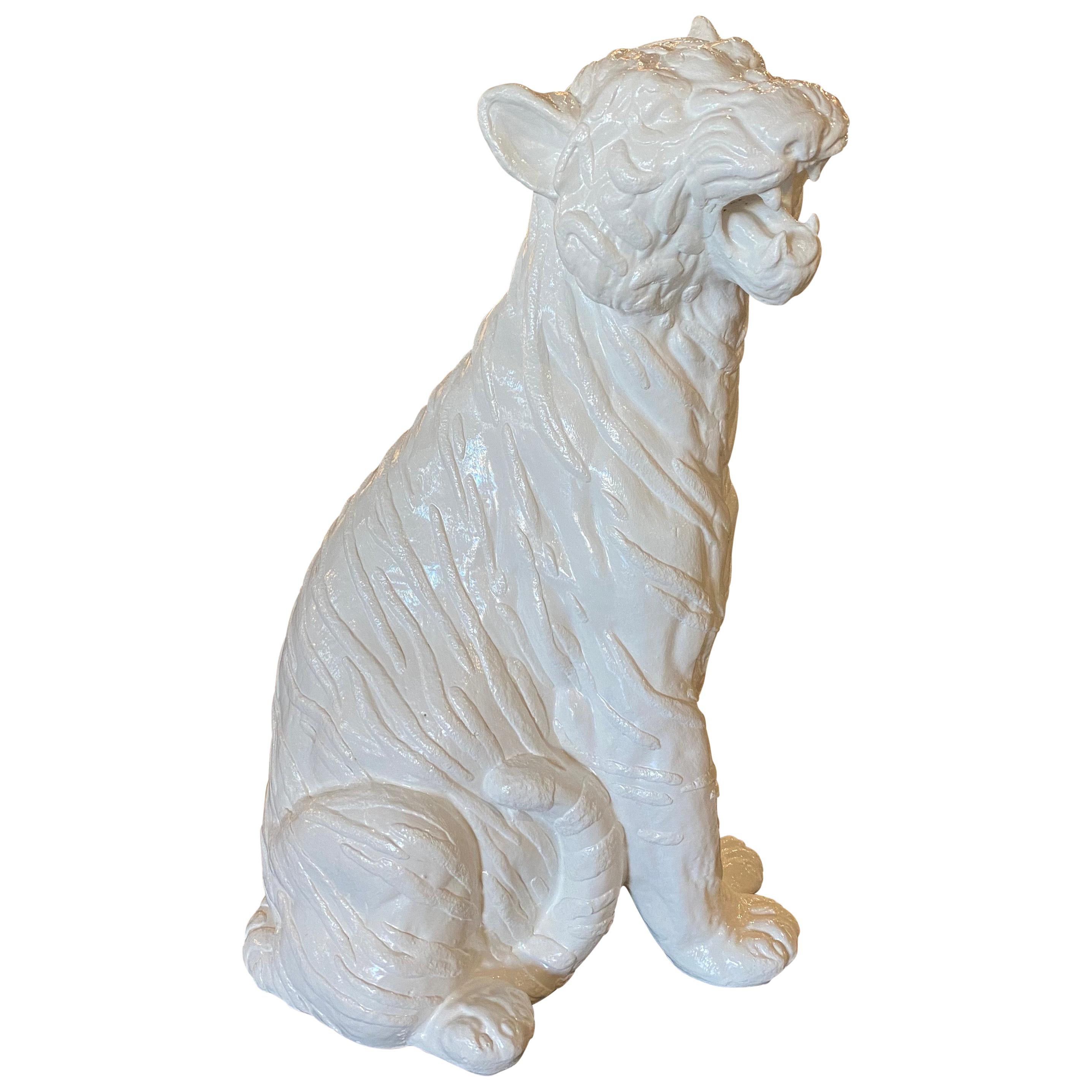 Vintage Modern Plaster White Lacquered Large Sitting Tiger Cat Statue Italian For Sale