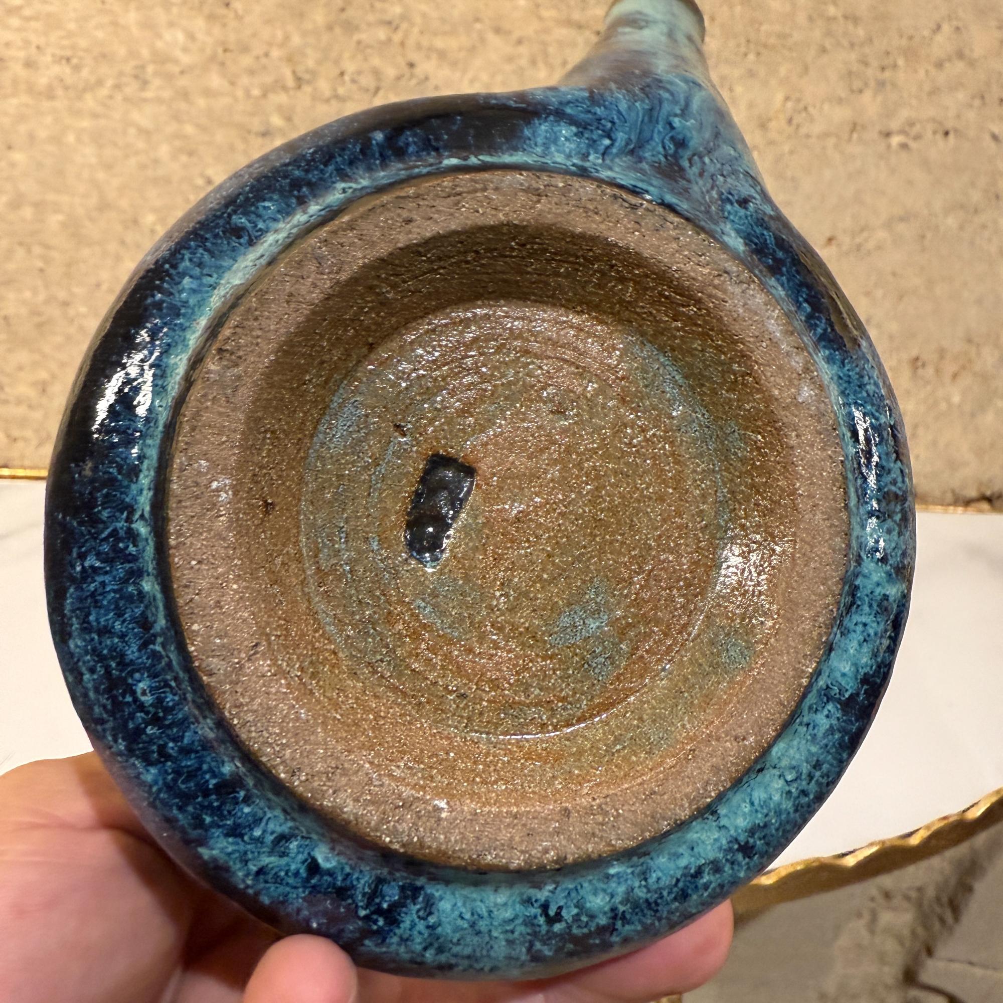 Vintage Modern Pottery Earthware Blue Tea Kettle Bambus Griff im Angebot 8