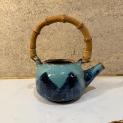 Vintage Modern Pottery Earthware Blue Tea Kettle Bambus Griff