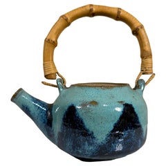 Bollitore da tè blu vintage in ceramica moderna Earthware con manico in bambù