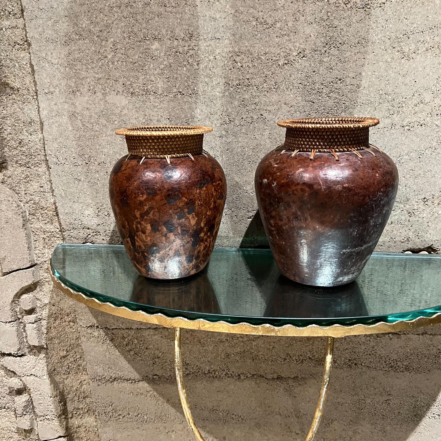 Vintage Modern Pottery Pair Set of Vases Upper Decorative Woven Cane 7