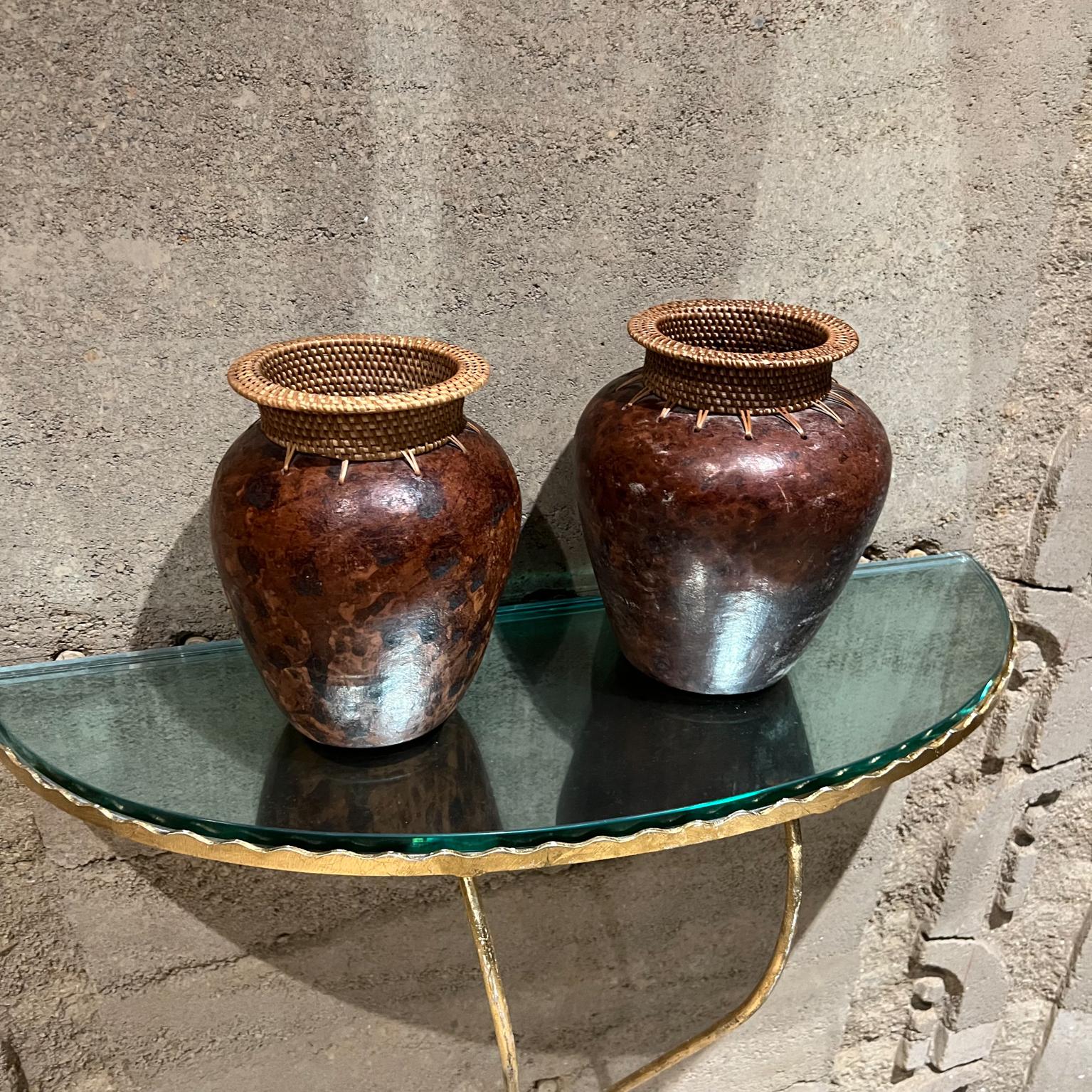Vintage Modern Pottery Pair Set of Vases Upper Decorative Woven Cane 8