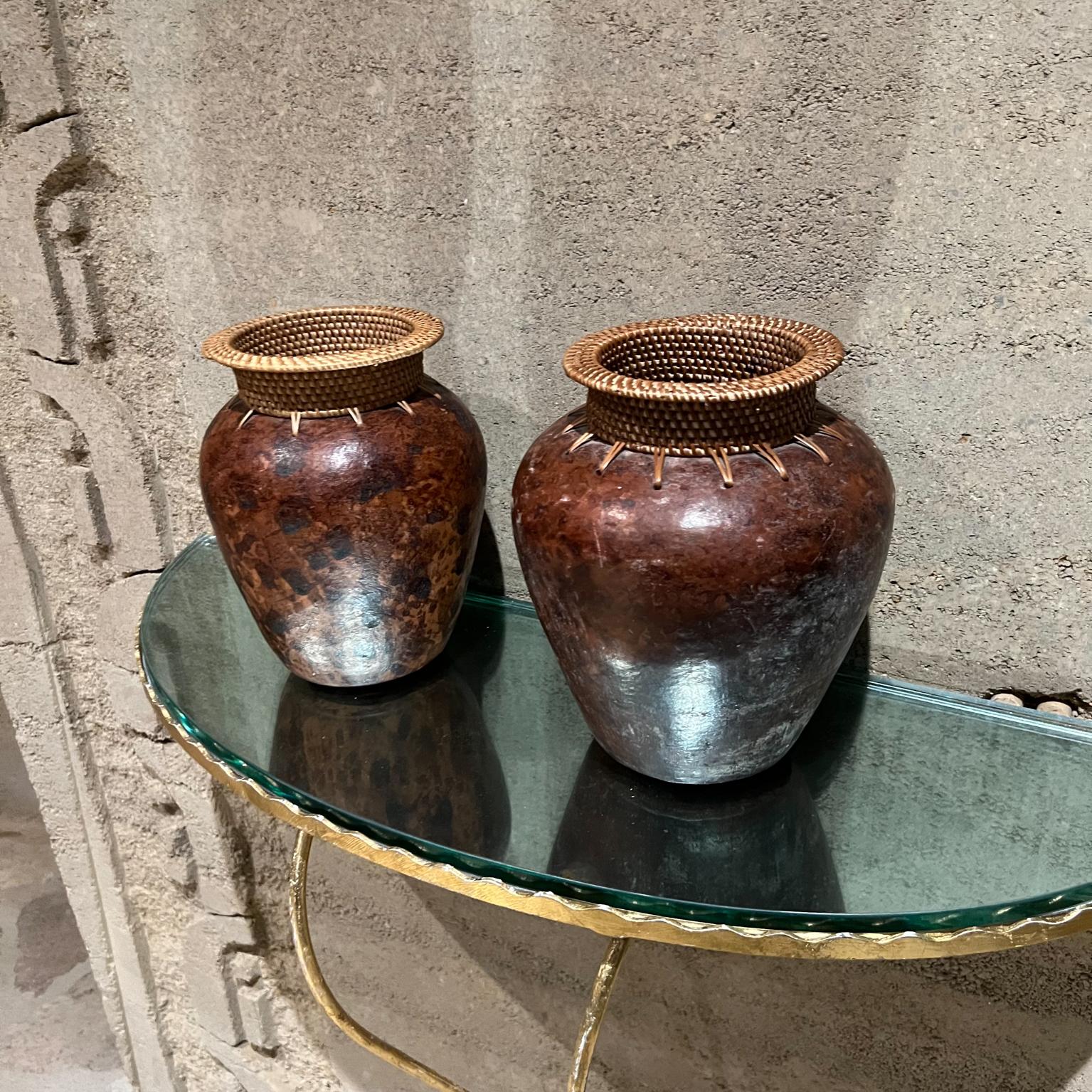 Vintage Modern Pottery Pair Set of Vases Upper Decorative Woven Cane 9