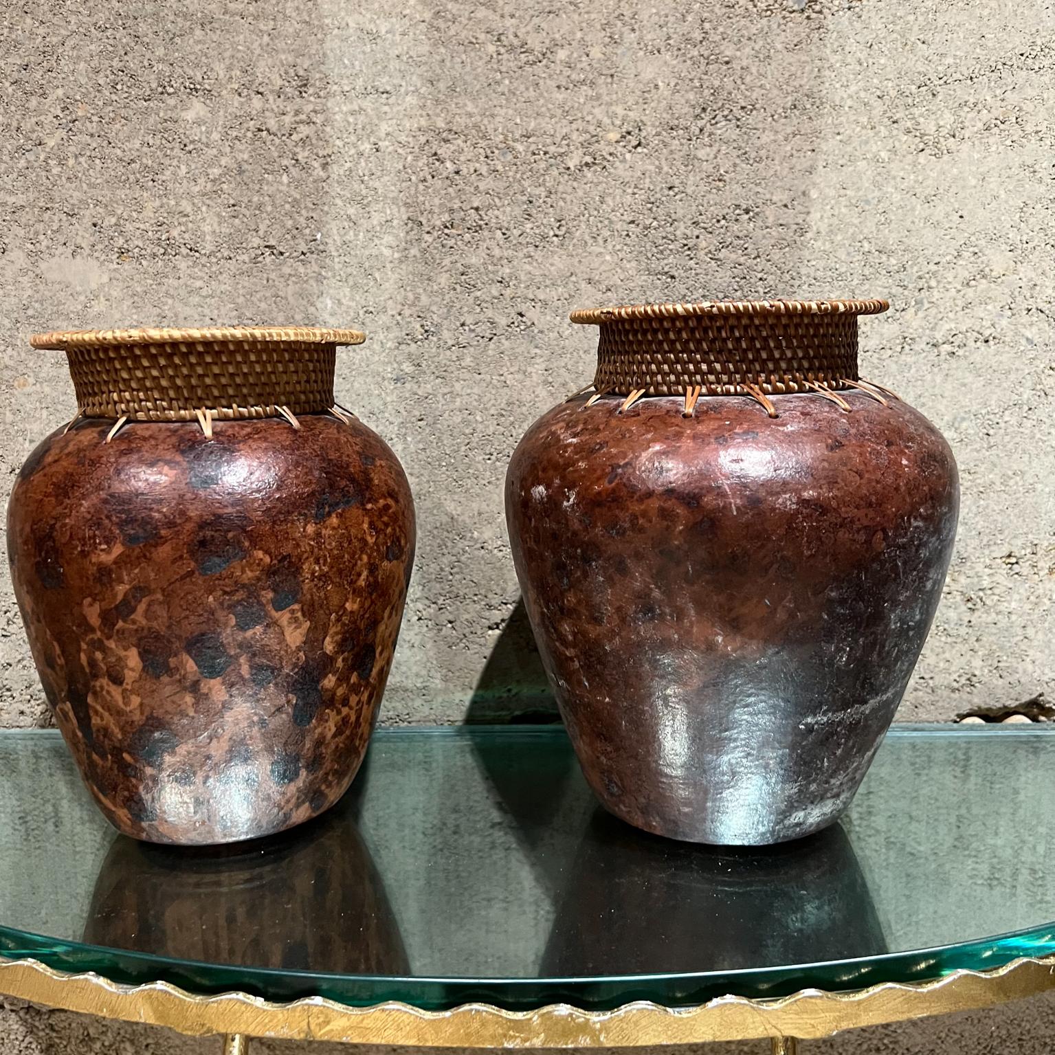 Vintage Modern Pottery Pair Set of Vases Upper Decorative Woven Cane 11