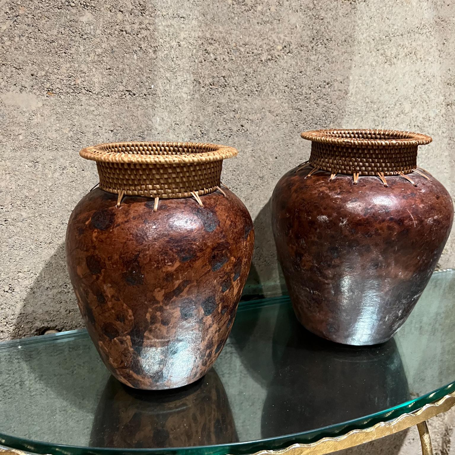 Vintage Modern Pottery Pair Set of Vases Upper Decorative Woven Cane 12