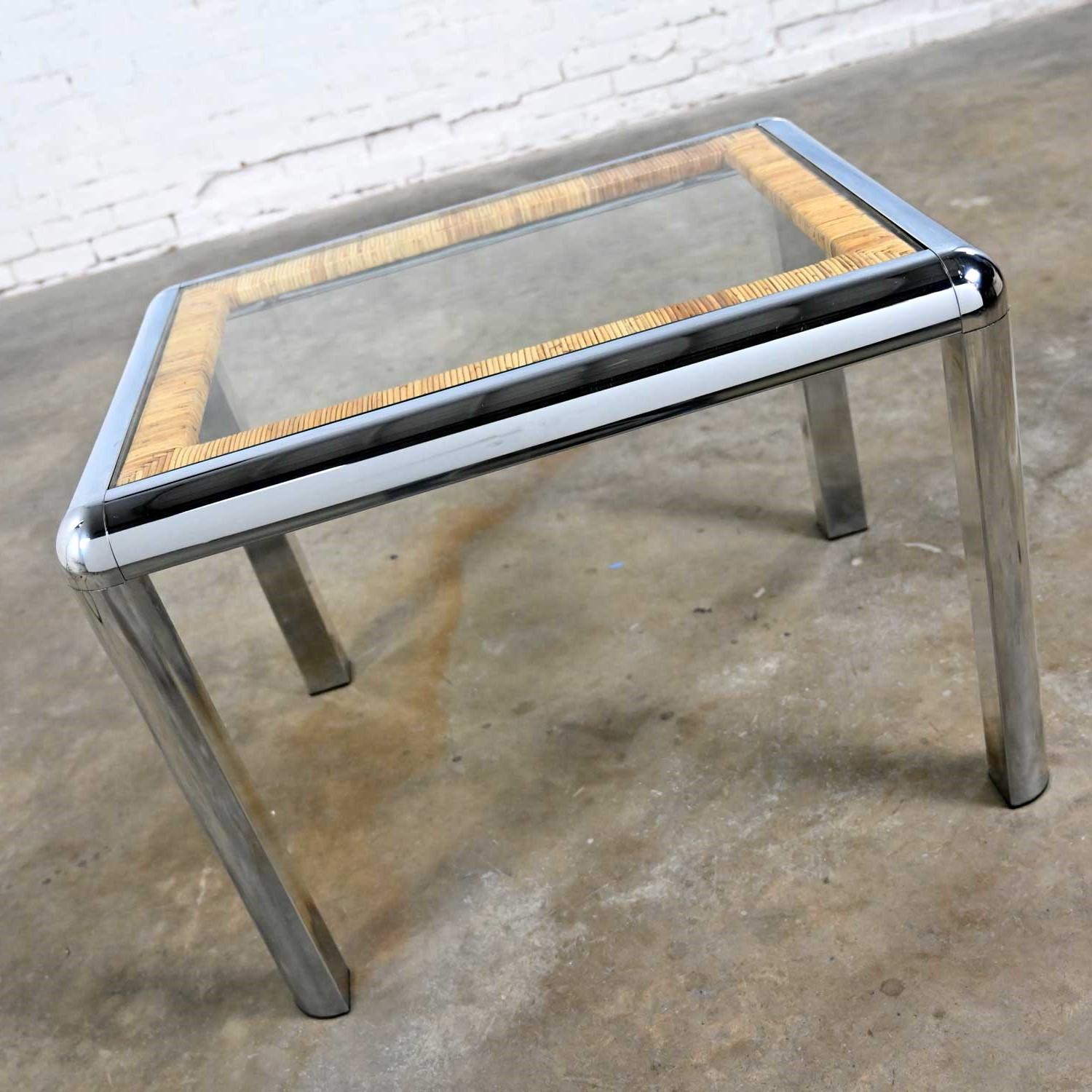 Vintage Modern Rectangular Chrome Glass & Wrapped Rattan Side Table Attr to DIA For Sale 5