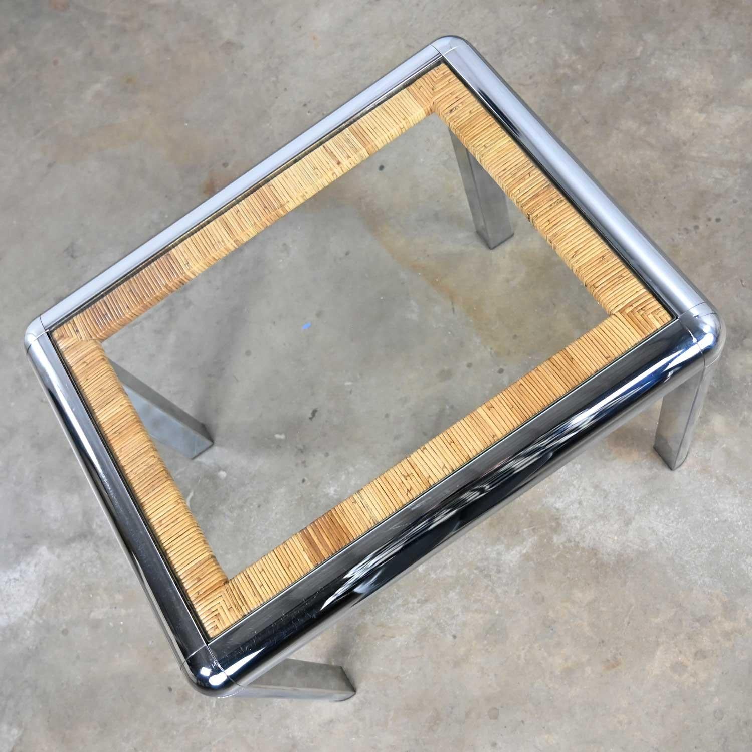 Vintage Modern Rectangular Chrome Glass & Wrapped Rattan Side Table Attr to DIA For Sale 6