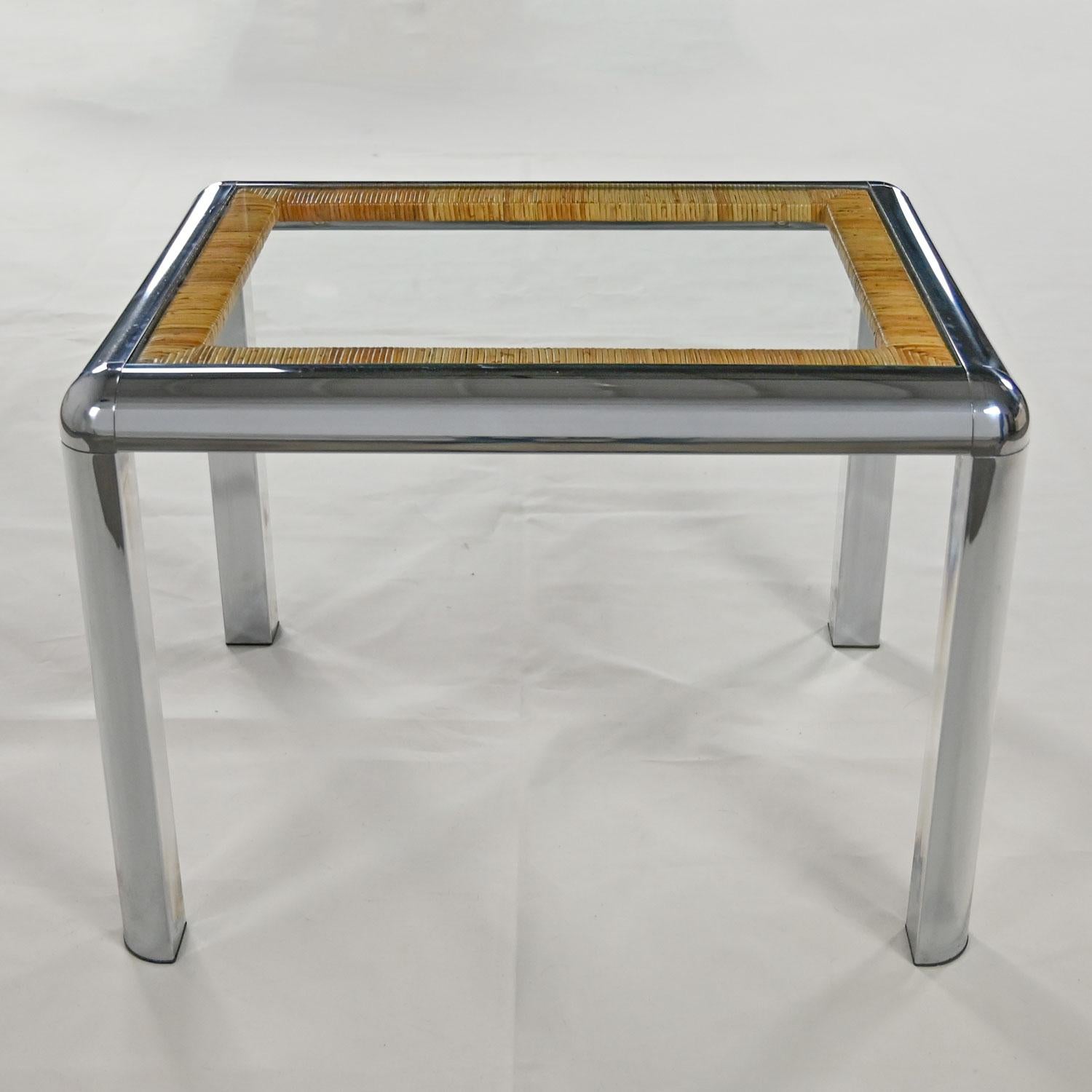 Vintage Modern Rectangular Chrome Glass & Wrapped Rattan Side Table Attr to DIA For Sale 8