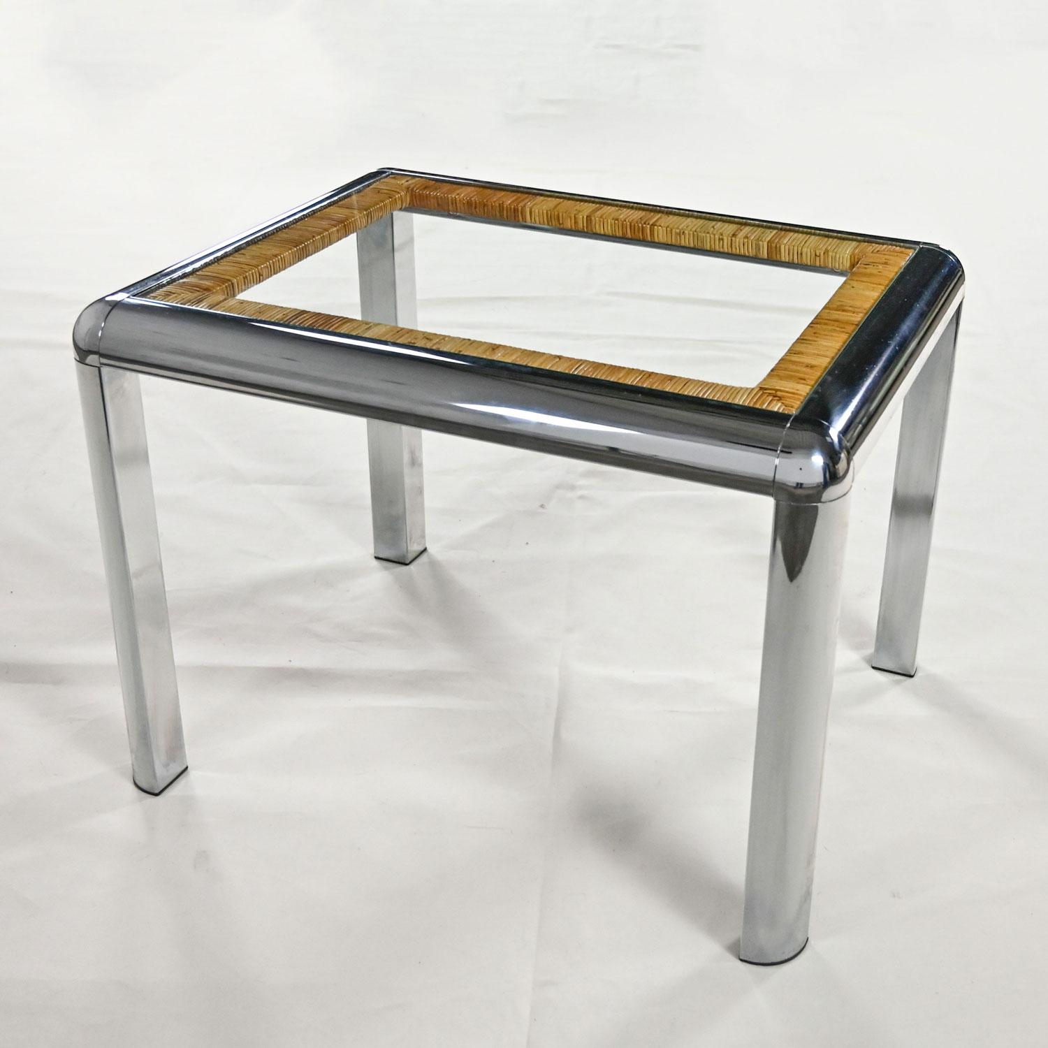 Vintage Modern Rectangular Chrome Glass & Wrapped Rattan Side Table Attr to DIA For Sale 9