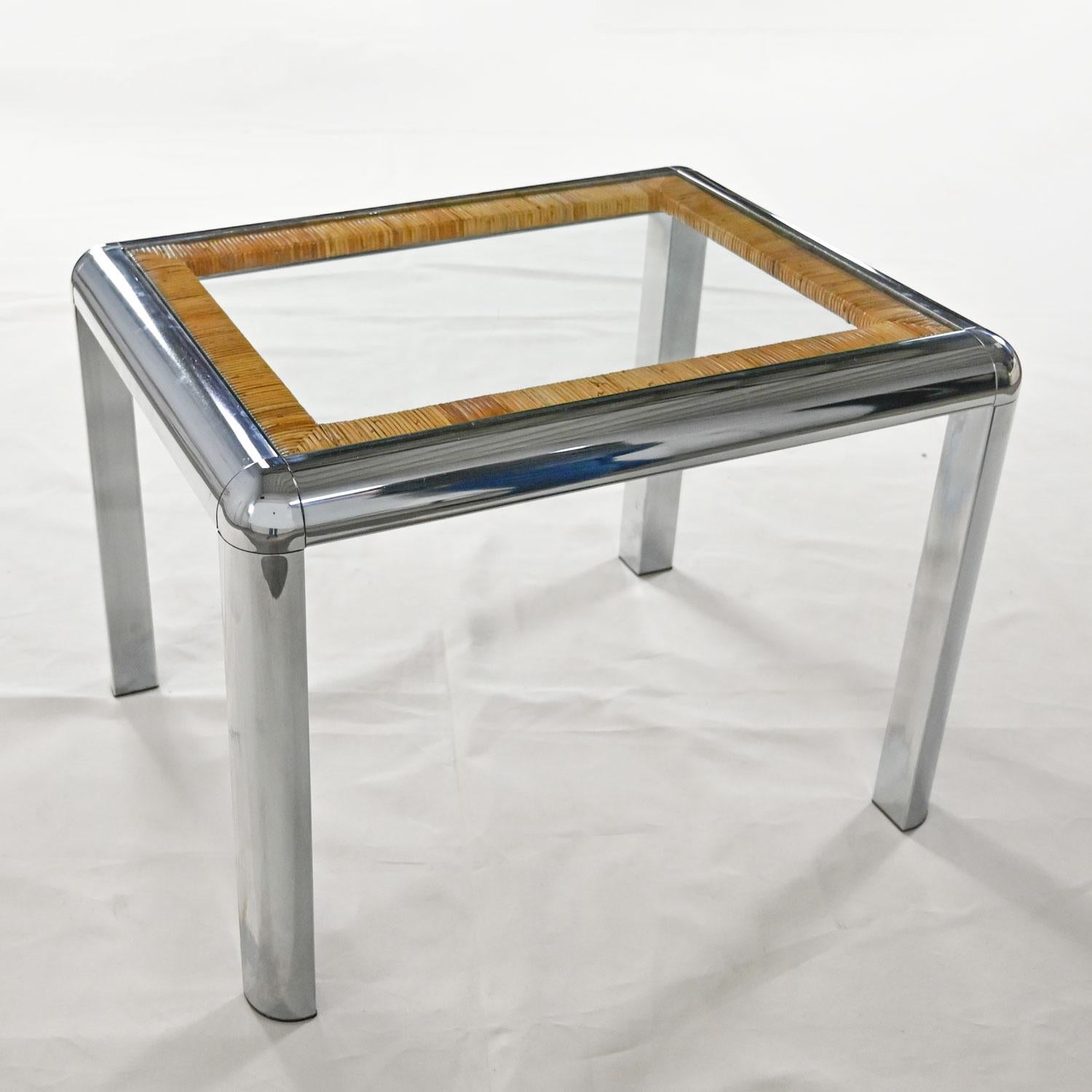 Vintage Modern Rectangular Chrome Glass & Wrapped Rattan Side Table Attr to DIA For Sale 10