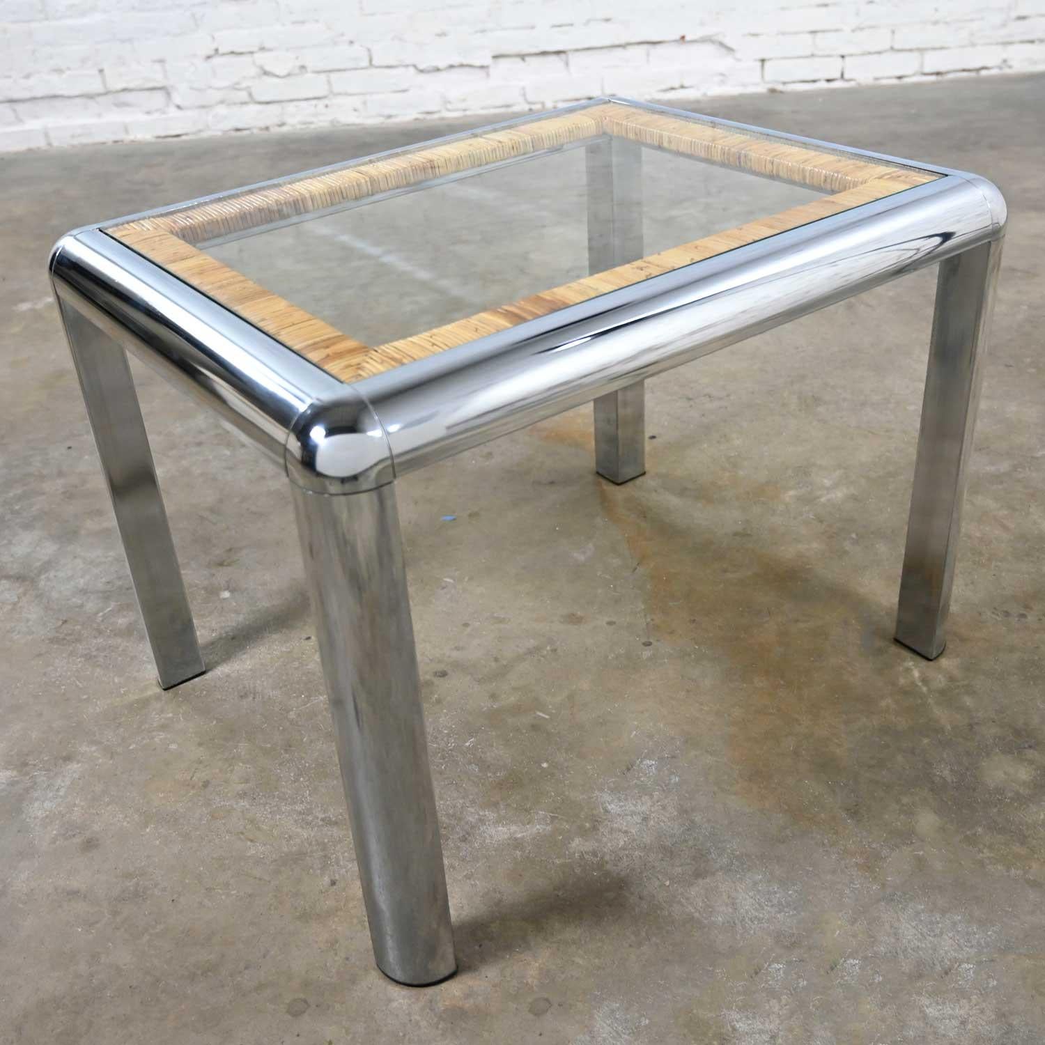 American Vintage Modern Rectangular Chrome Glass & Wrapped Rattan Side Table Attr to DIA For Sale